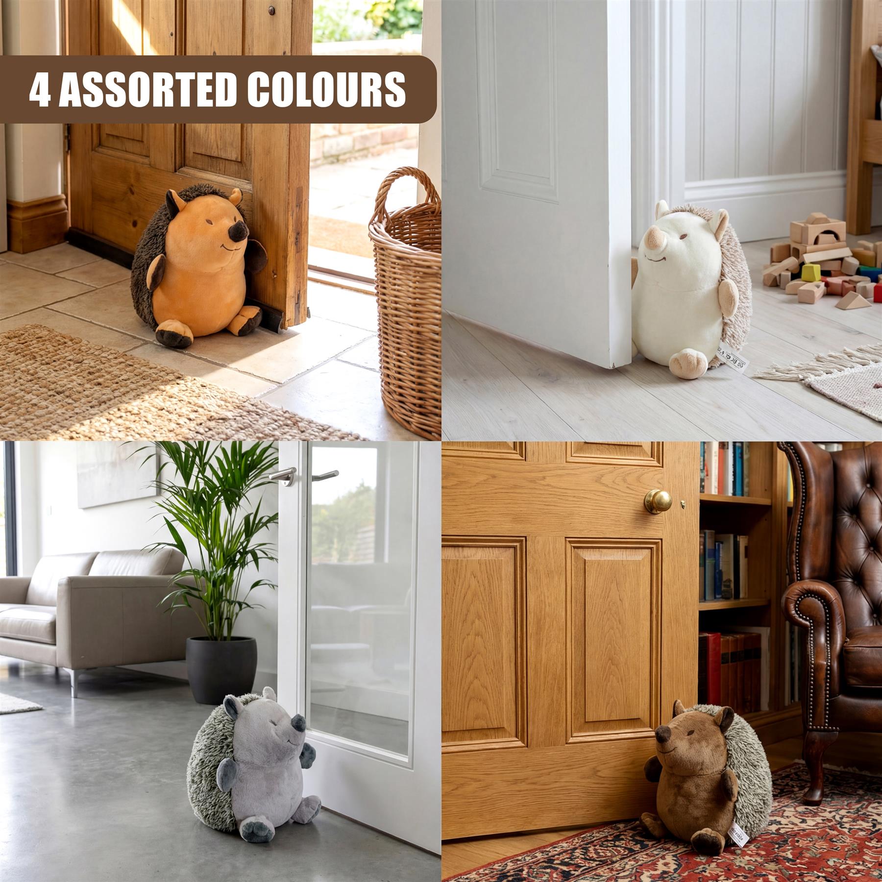 Decorative hedgehog door stoppers displayed in four colors in various interior settings.