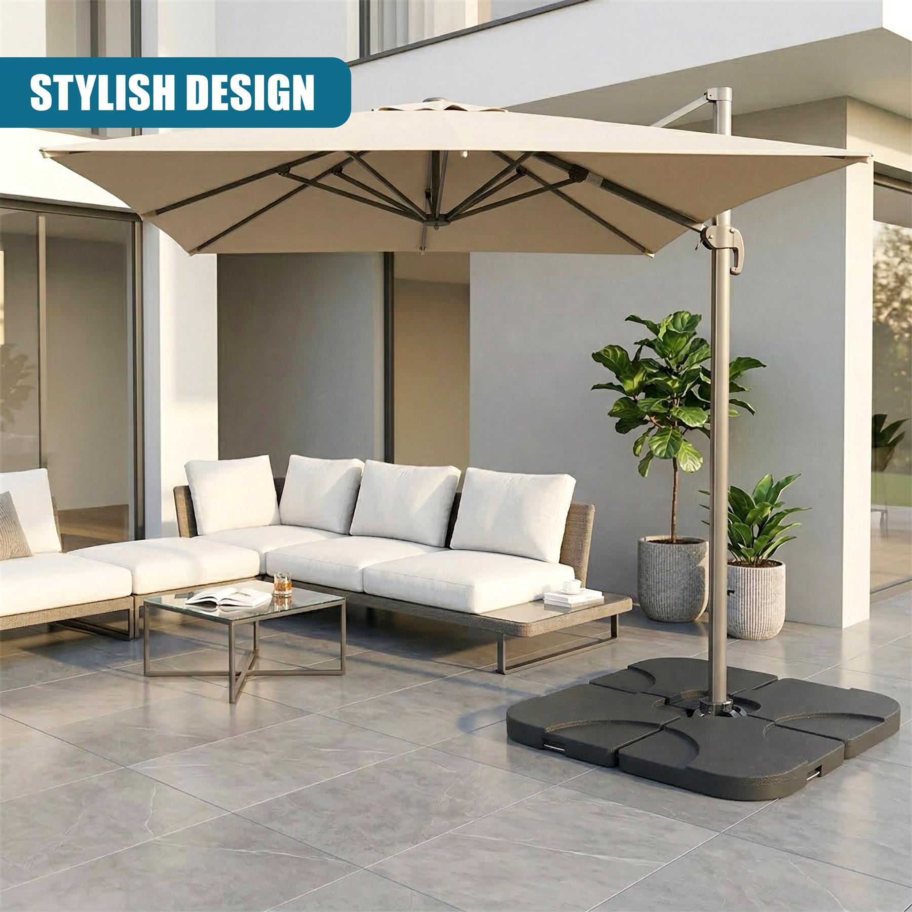 Large outdoor parasol with cream canopy and square base shelters patio furniture on a tiled patio.