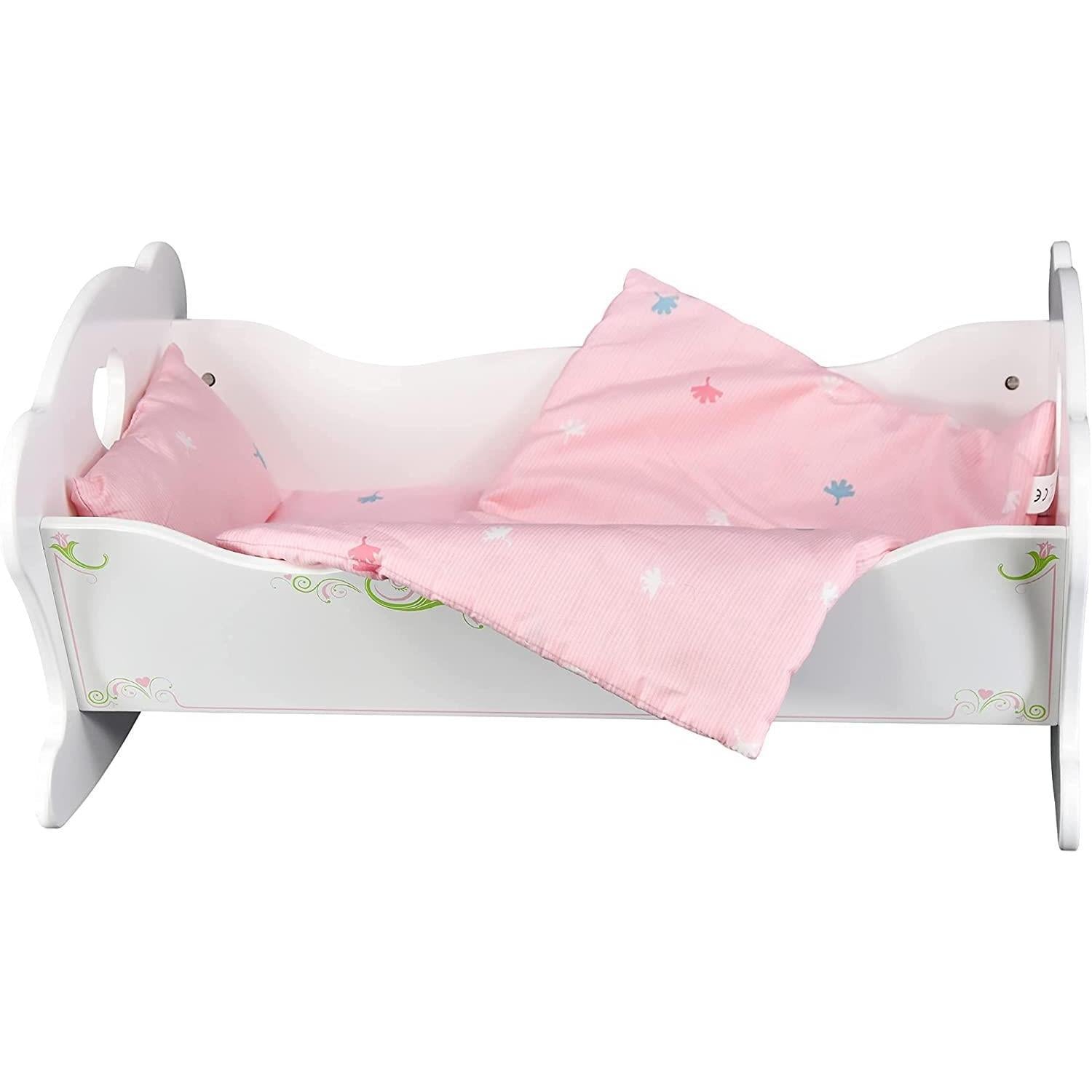 Pink polka dot baby crib and matching high chair, both in white wood finish. - The Magic Toy Shop