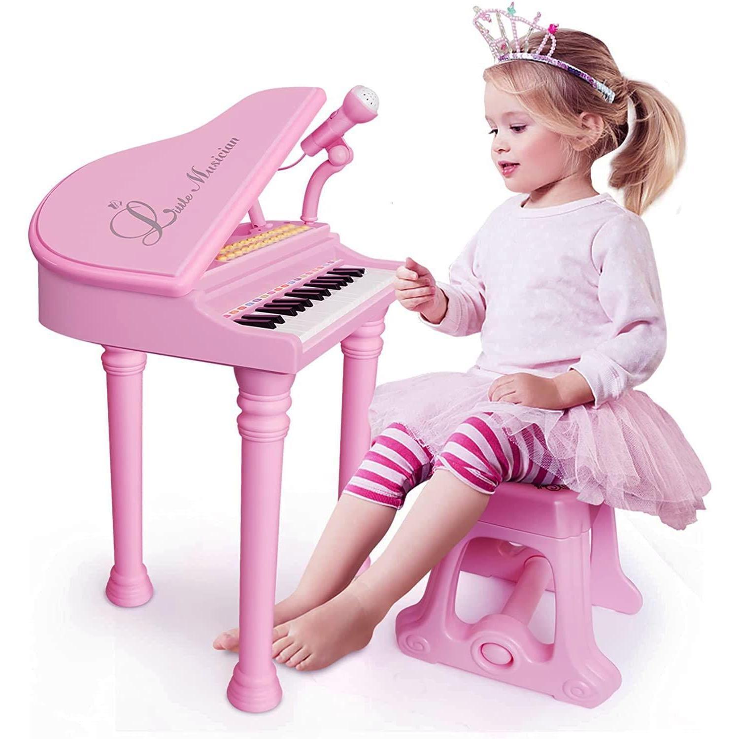 The Magic Toy Shop Pink Electronic Piano With Microphone and Stool