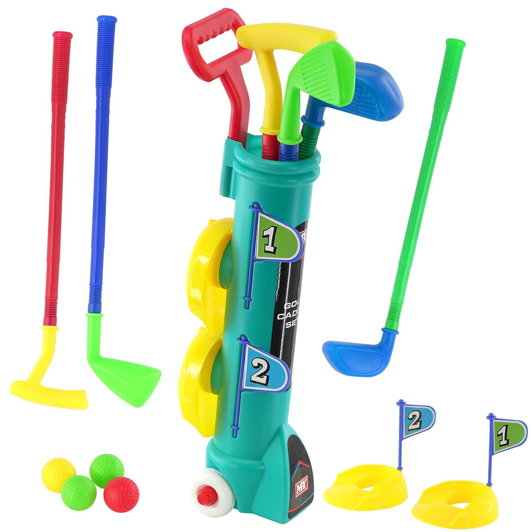 Junior golf playset featuring multiple clubs, colored balls, and two numbered target stations.