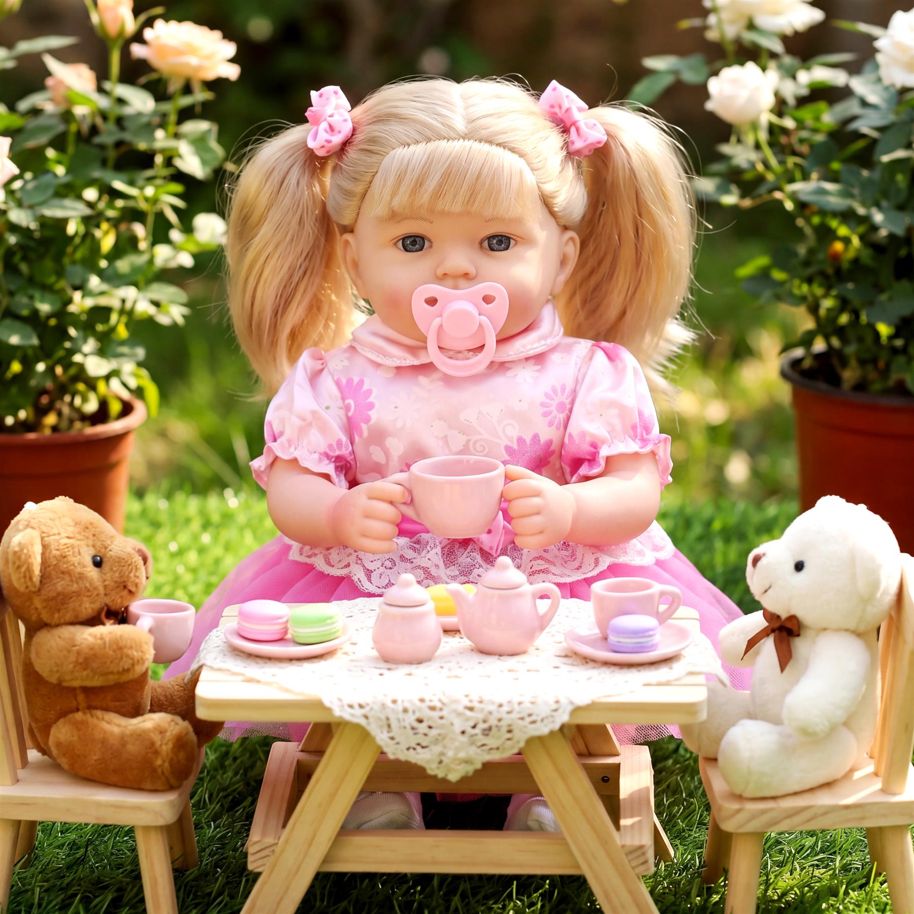 A blonde baby doll sits at a miniature table with teacups and stuffed teddy bears.