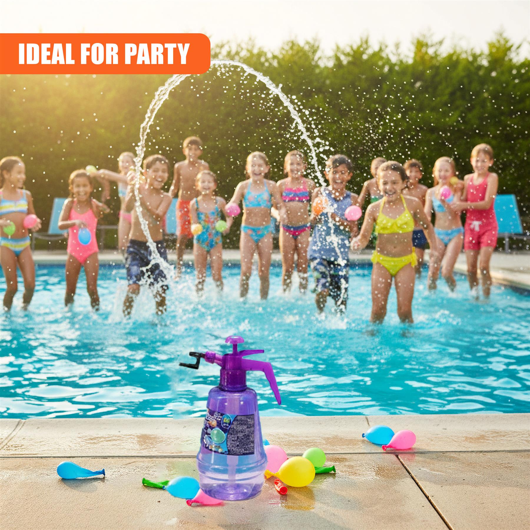 Plastic water sprayer pump set rests on concrete near small, colorful plastic toys.