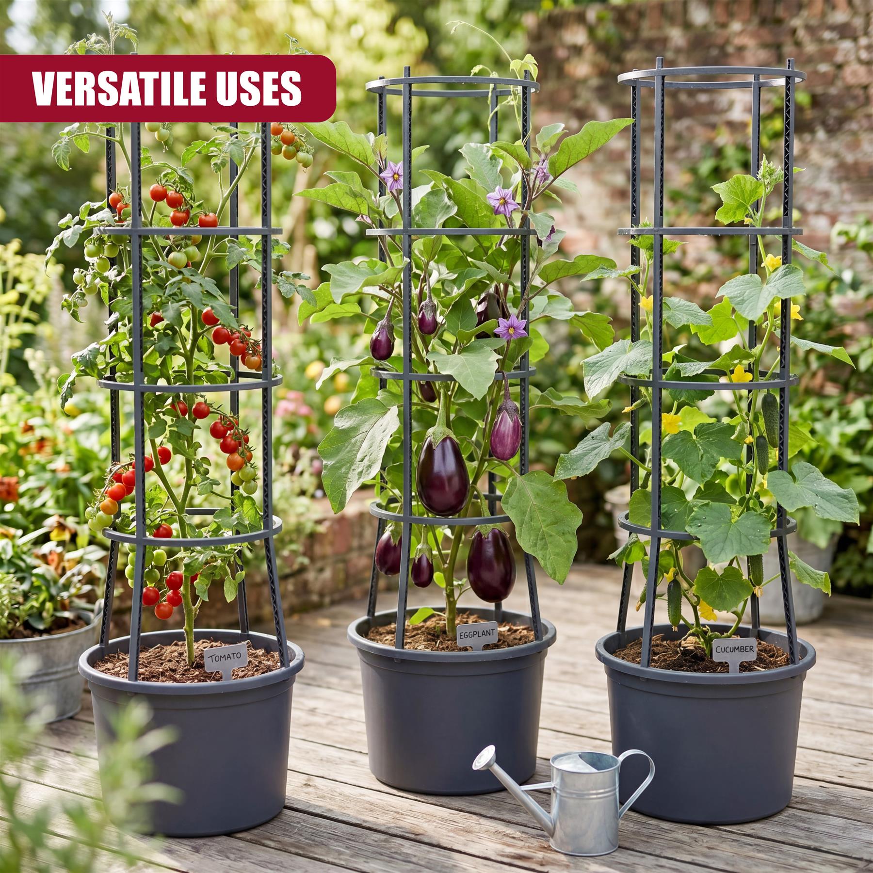 Black metal garden trellises display growing tomatoes, eggplants, and cucumbers in large pots.