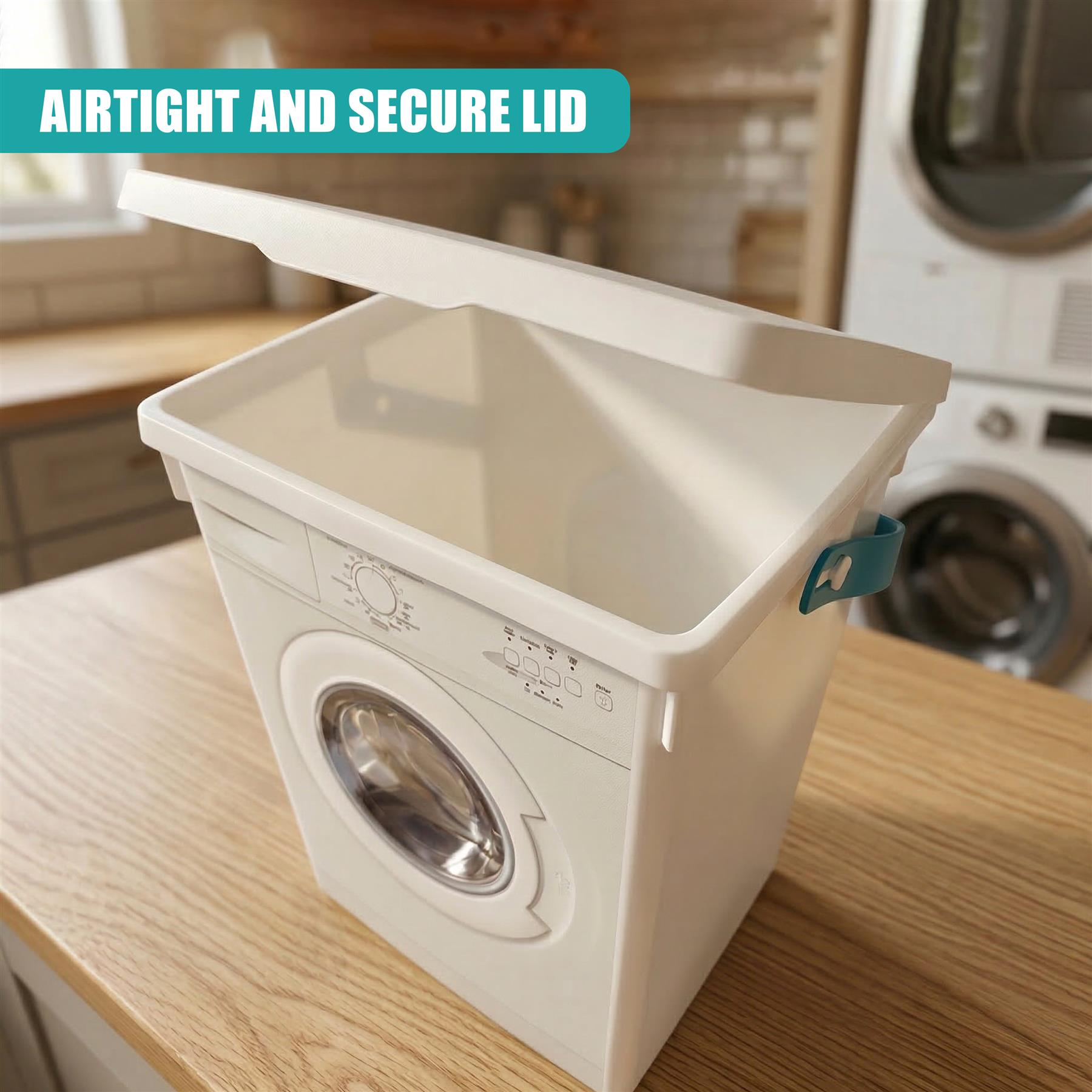 White storage container designed to look like a washing machine sits on a wooden countertop.