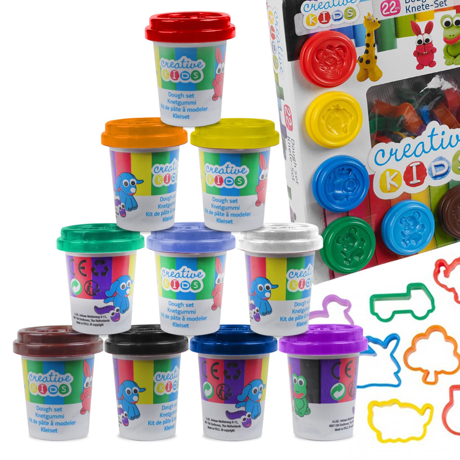 Six-pack of colorful play dough sets.