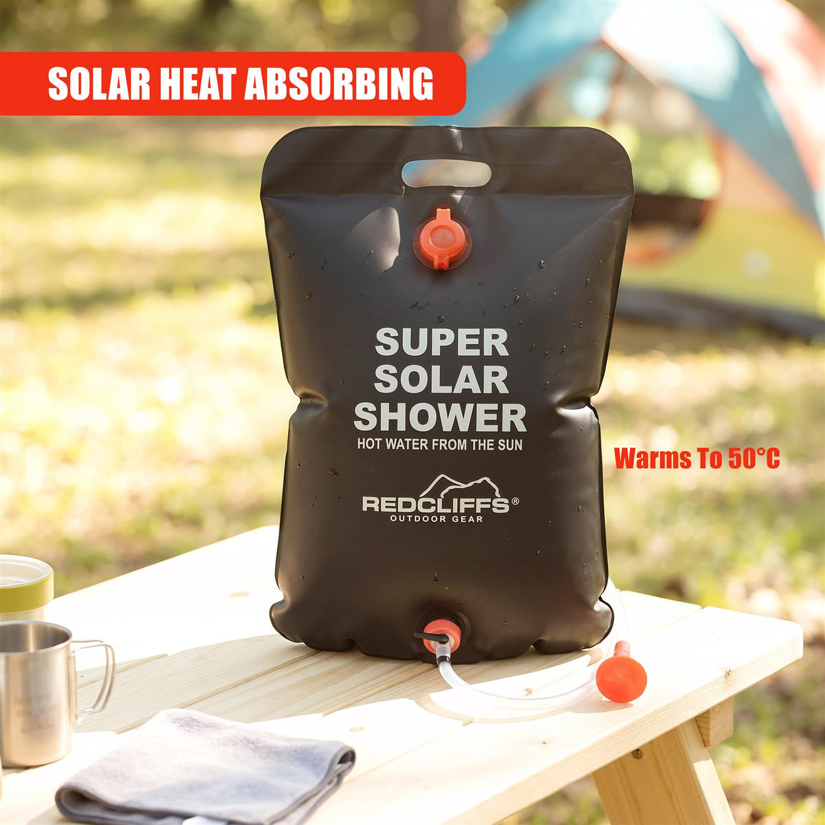 GEEZY Solar Shower bag, a black PVC container, warms water to 50°C in the sun