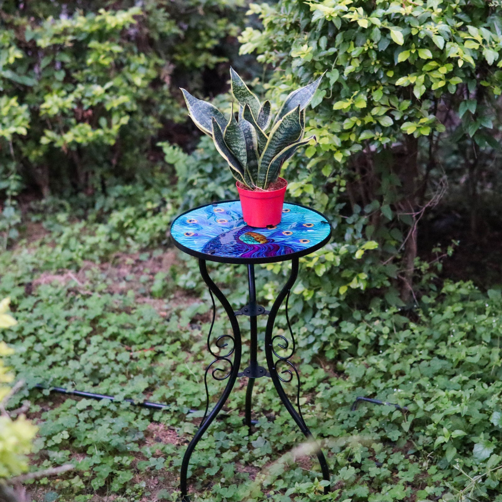 Geezy Round Side Mosaic Garden Table With Blue Peacock Design