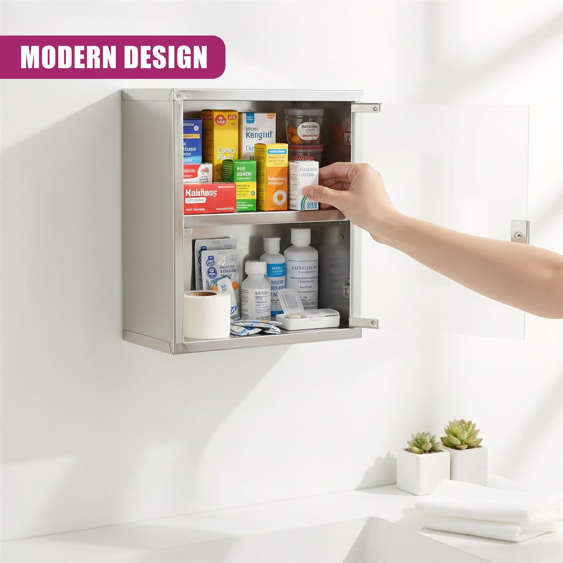 Metal cabinet shelf holding various bottles, boxes, and medicine storage items.