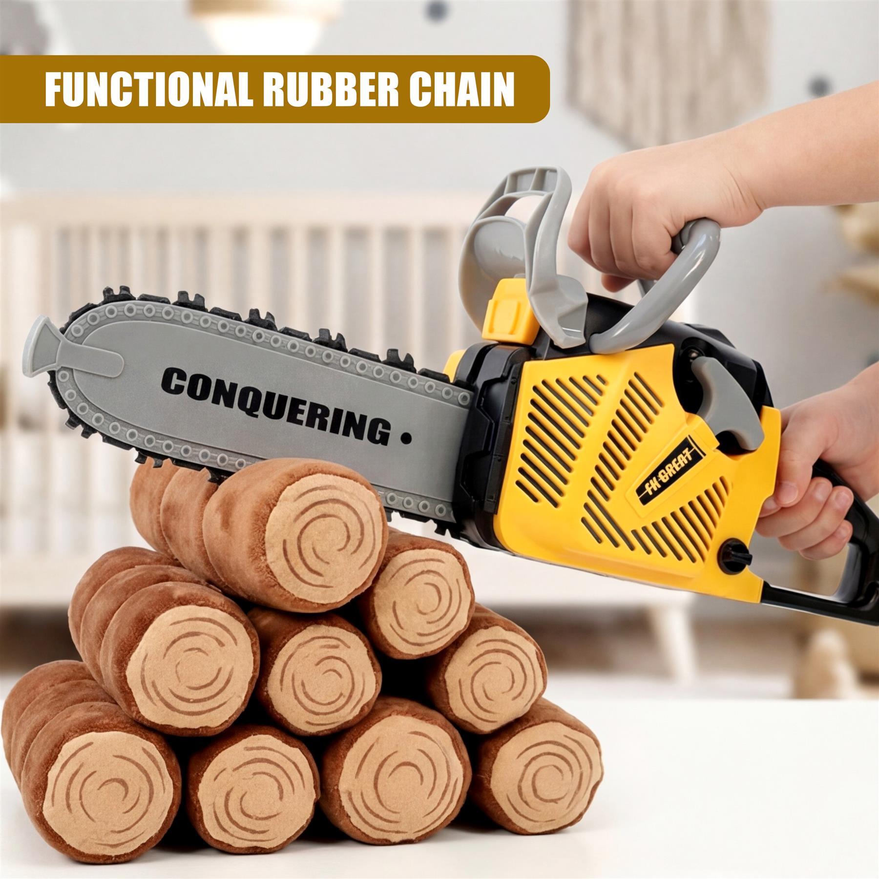 Yellow toy chainsaw with rubber chain over a stack of wood rounds for play.