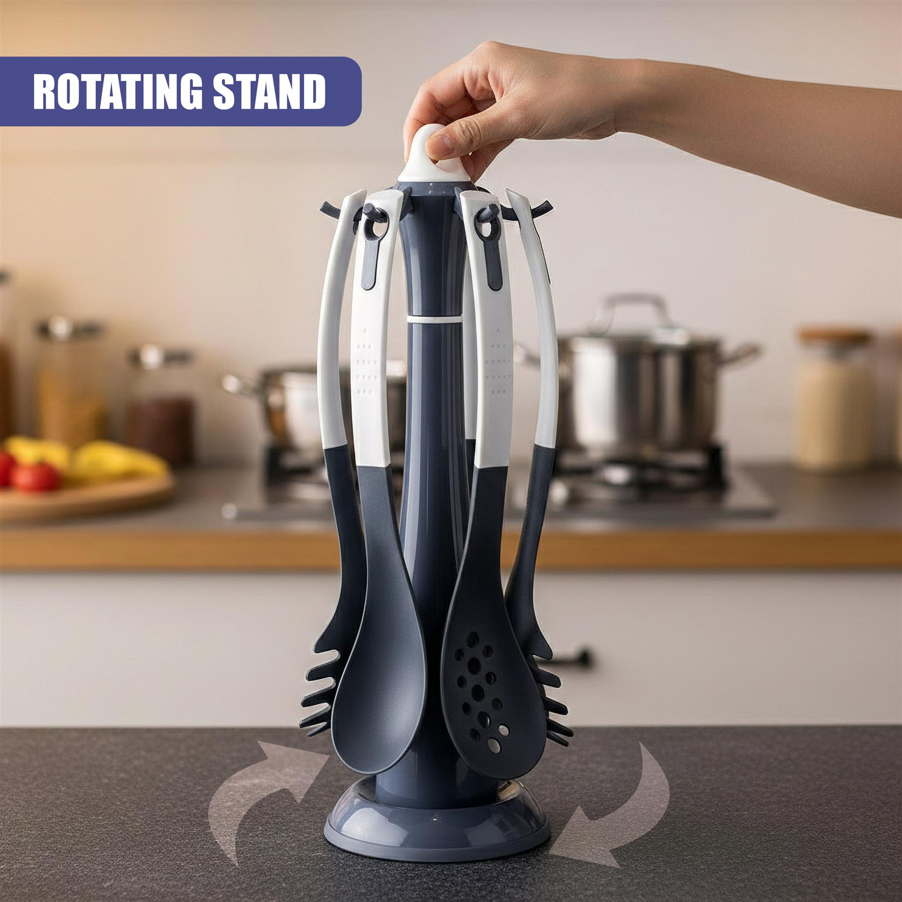 A six-piece set of kitchen tools mounted on a rotating, dual-tone stand.
