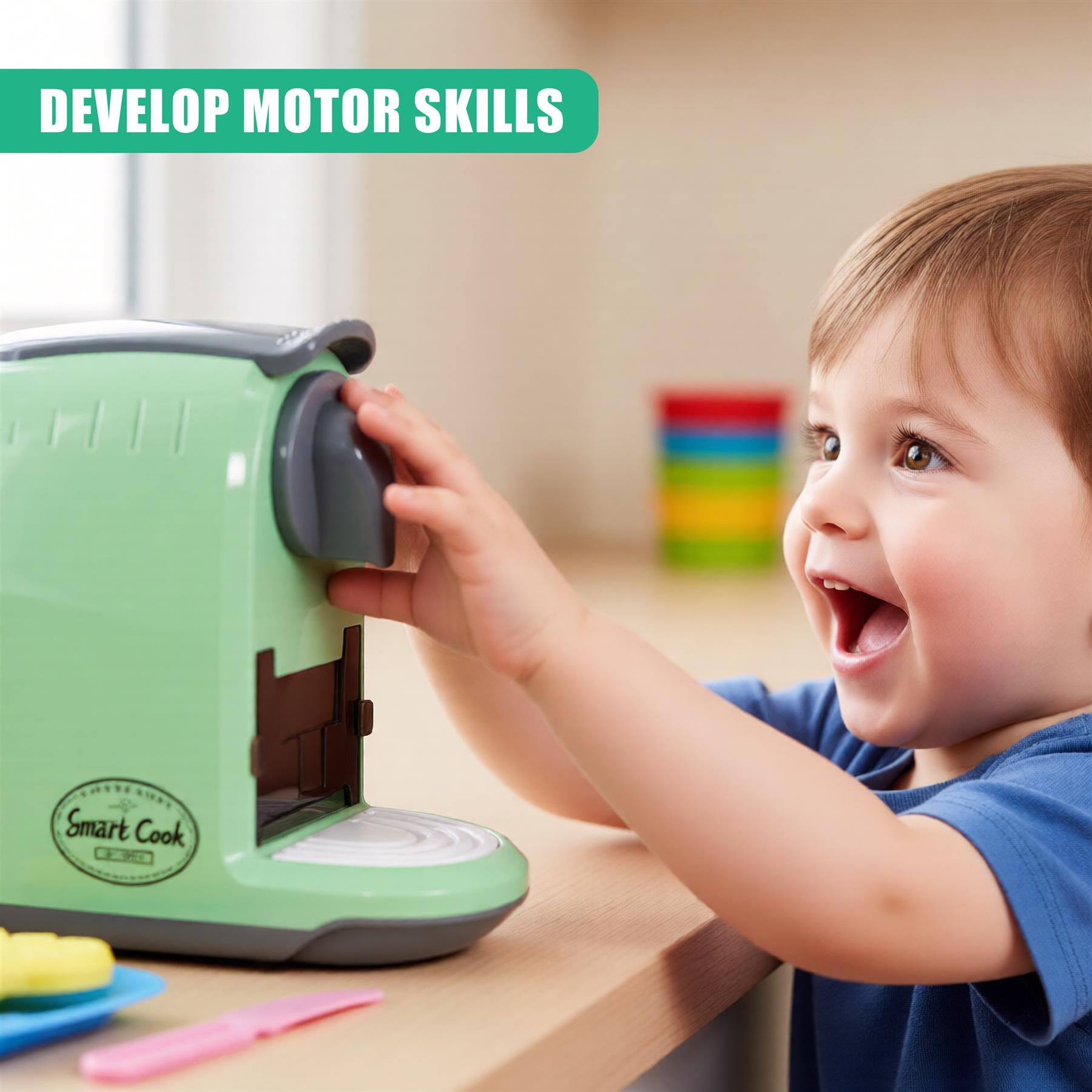 A young child is playing with a toy kitchen appliance, a small green and grey electric coffee machine. The child is holding the machine's handle and making a "ca" sound, imitating a coffee machine's sound. The child's face is filled with joy and excitement, showcasing the fun and interactive nature of the toy. The background is blurred, with some toys and play materials visible, adding to the playfulness of the scene. - The Magic Toy Shop