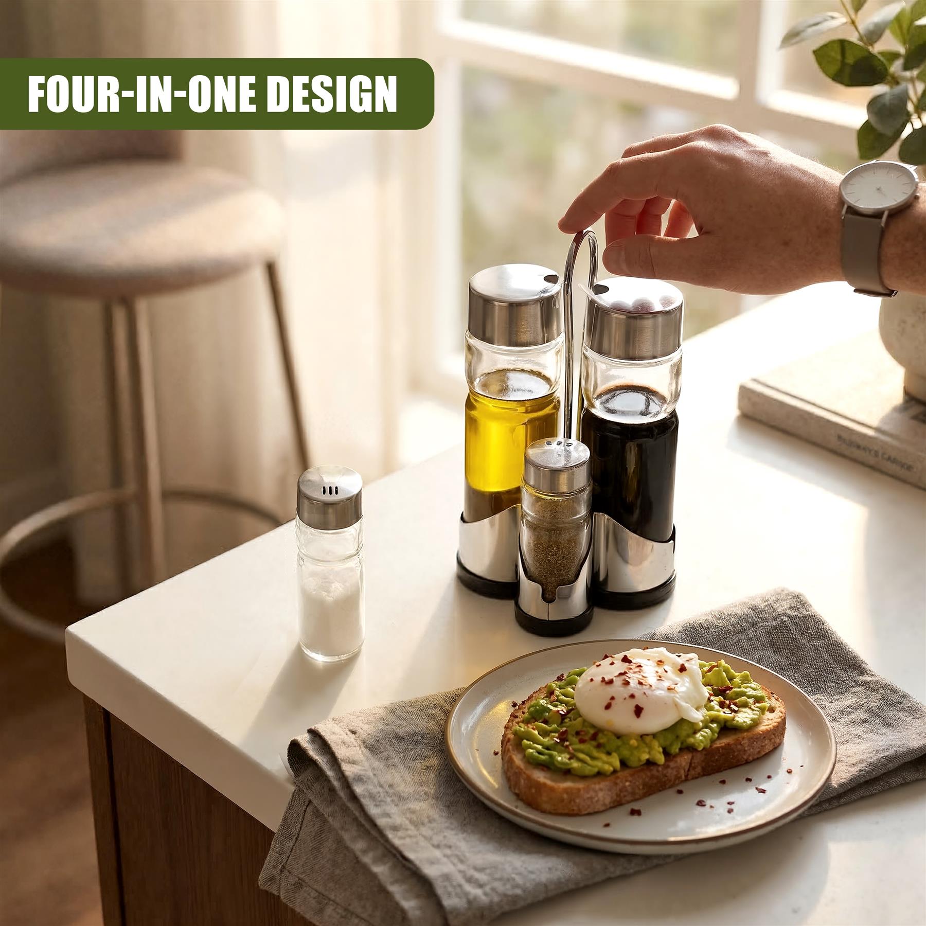 Four silver dispensers hold condiments, arranged near a plate of avocado toast and egg.