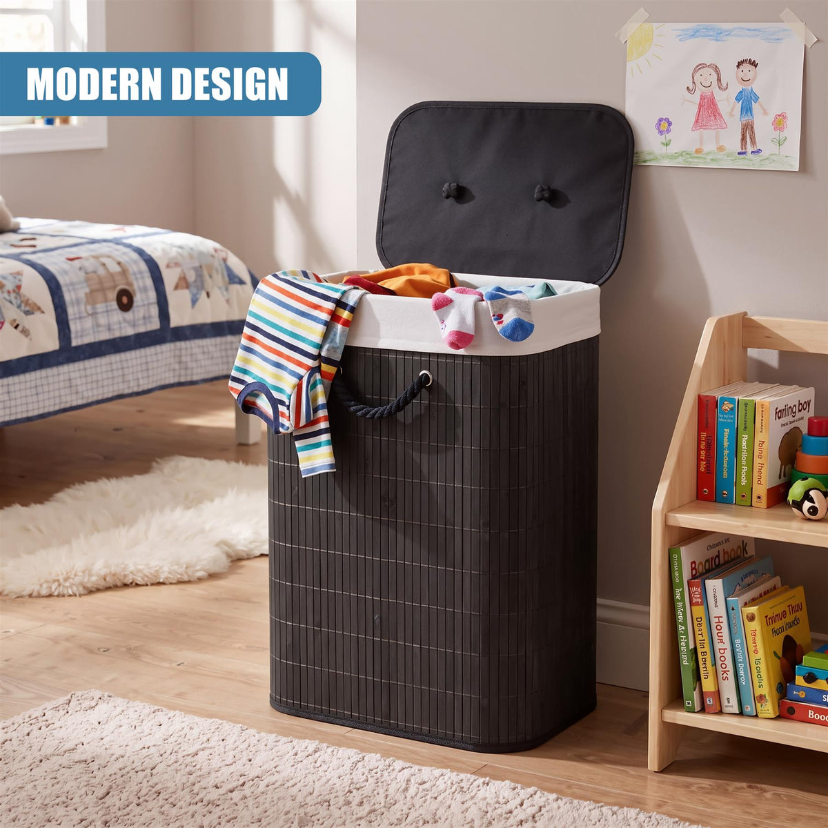 Black GEEZY bamboo laundry hamper with lid sits on a wooden shelf in a modern bedroom