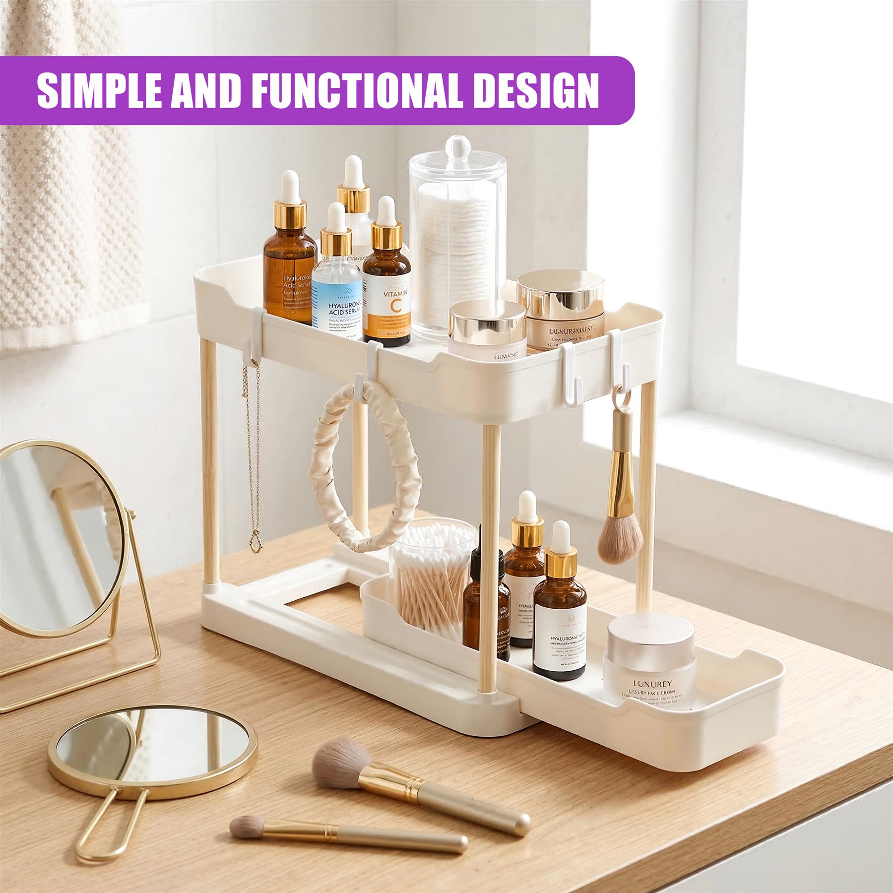 A white two-tiered organizer displaying skincare bottles, brushes, and cosmetic accessories.