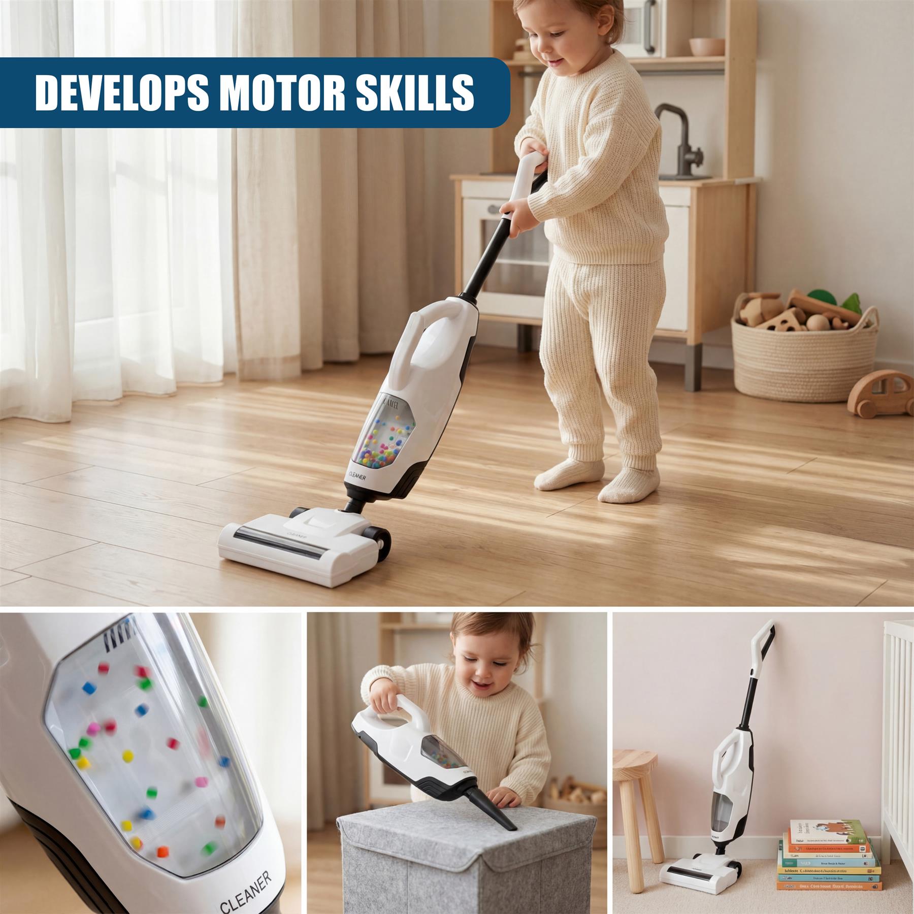 White toy vacuum cleaner and child playing with it on a polished hardwood floor.
