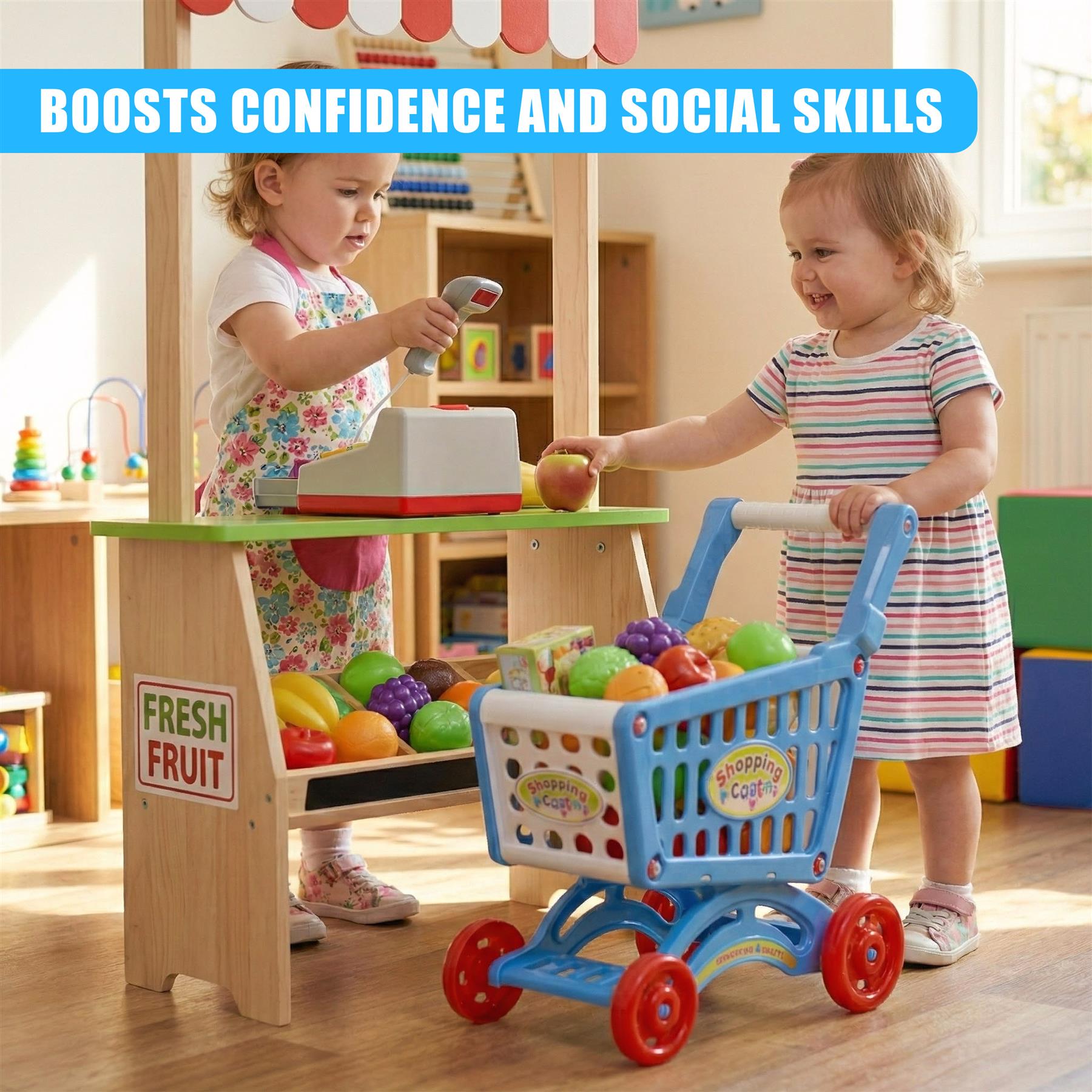 "Shopping trolley play set in use, with two children interacting near it." - The Magic Toy Shop