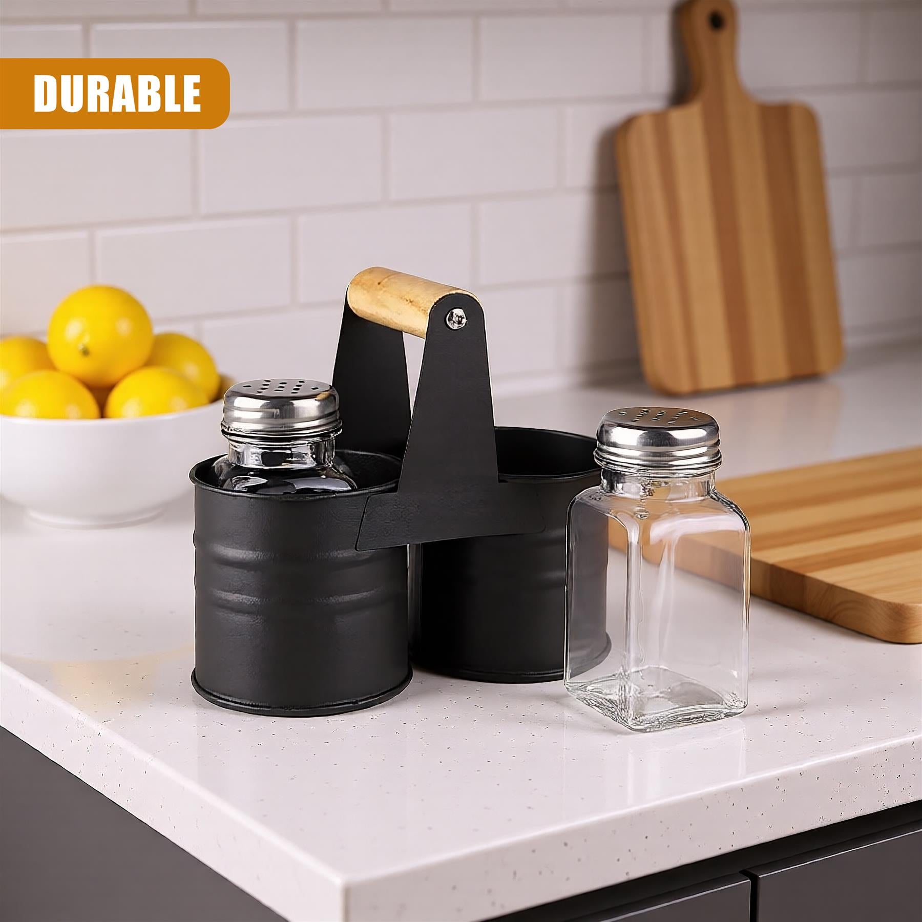 A black salt and pepper shaker set with a wooden handle, featuring two cylindrical containers with silver lids and a central holder with a wooden handle. - The Magic Toy Shop