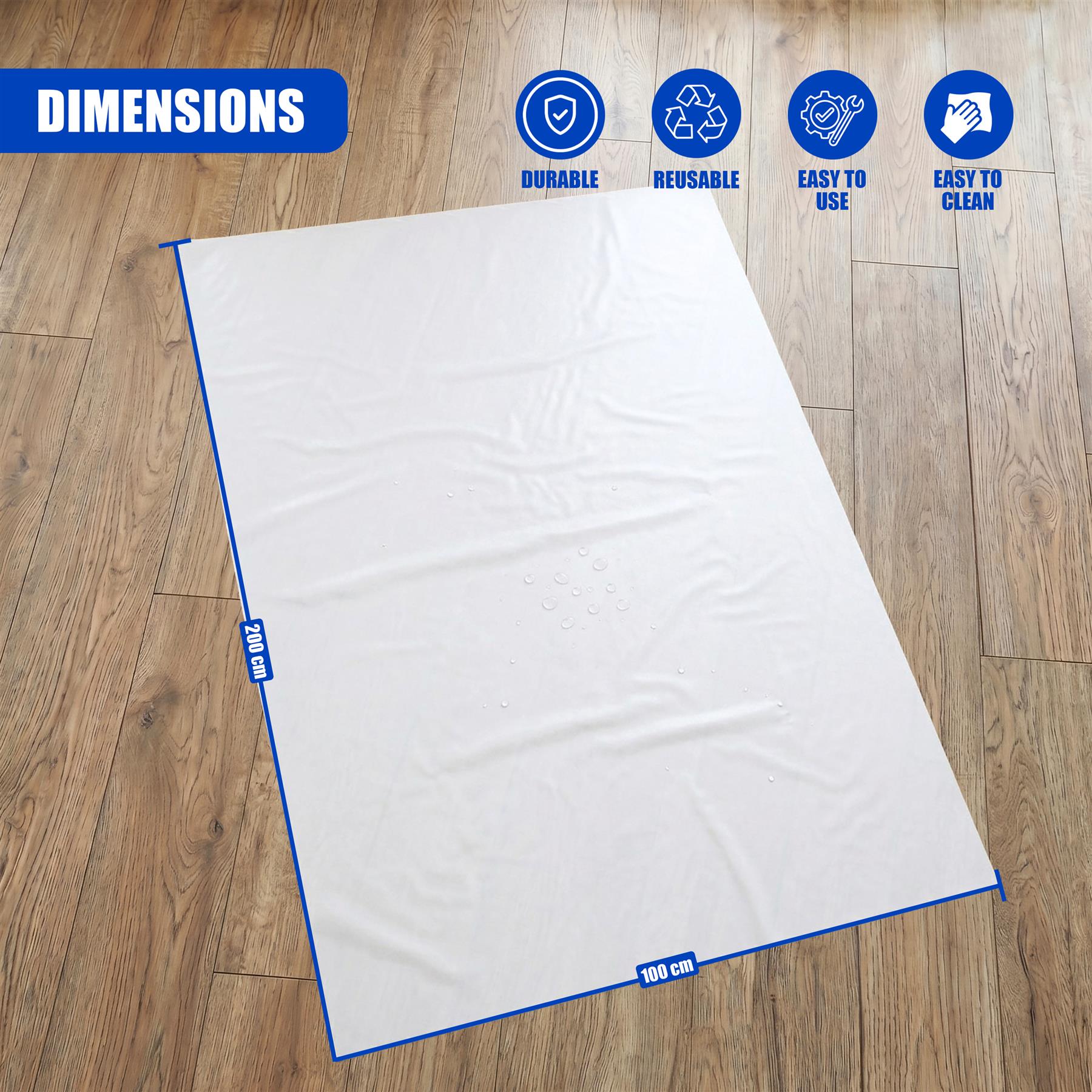 The image shows a white rectangular waterproof bed cover measuring 200 by 100 cm.