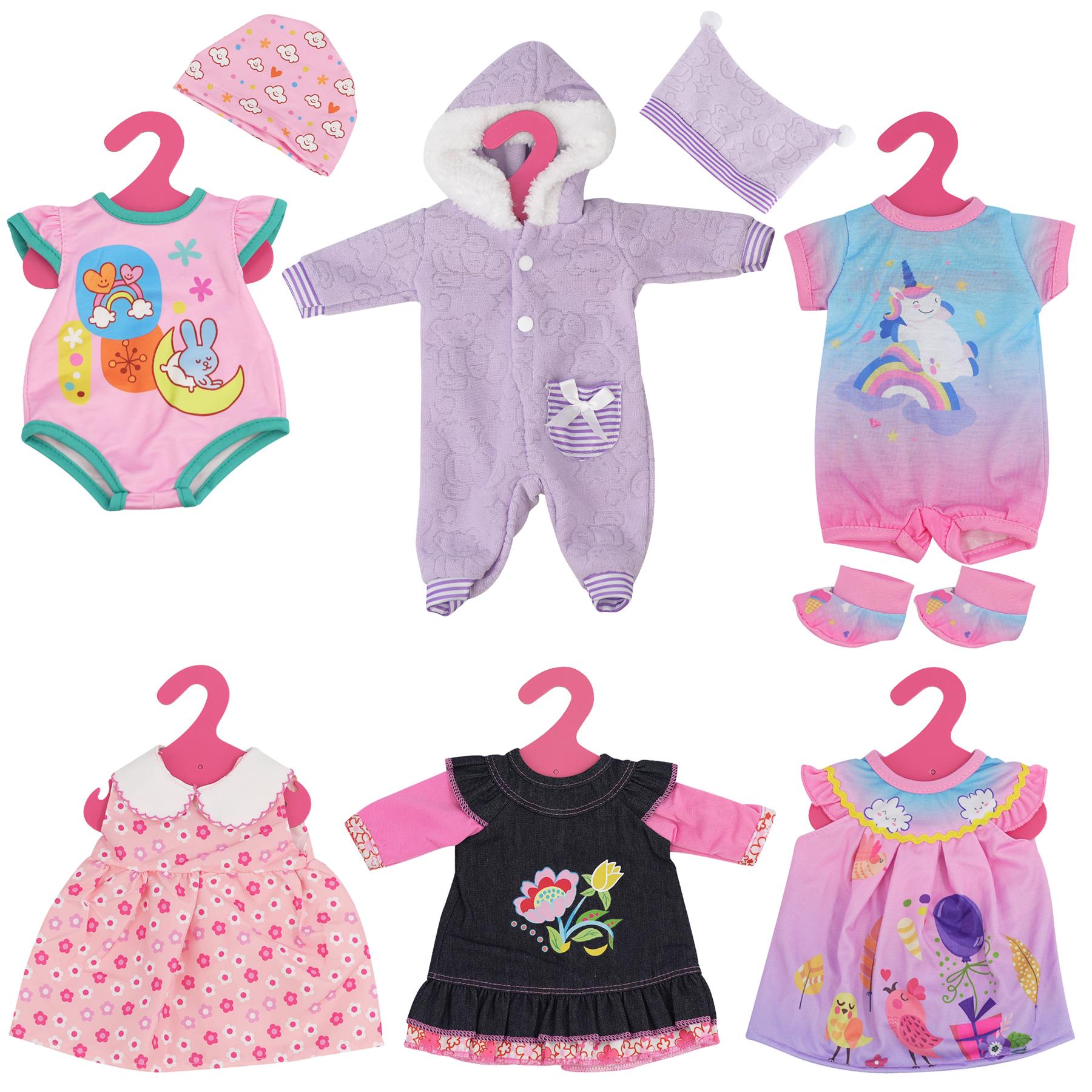 1. Pink onesie with a hood and white trim

2. Striped outfit for baby dolls

3. Unicorn pajamas set

4. Purple, pink and blue outfit

5. Dress with colorful floral print

6. Pink dress with a bow - The Magic Toy Shop