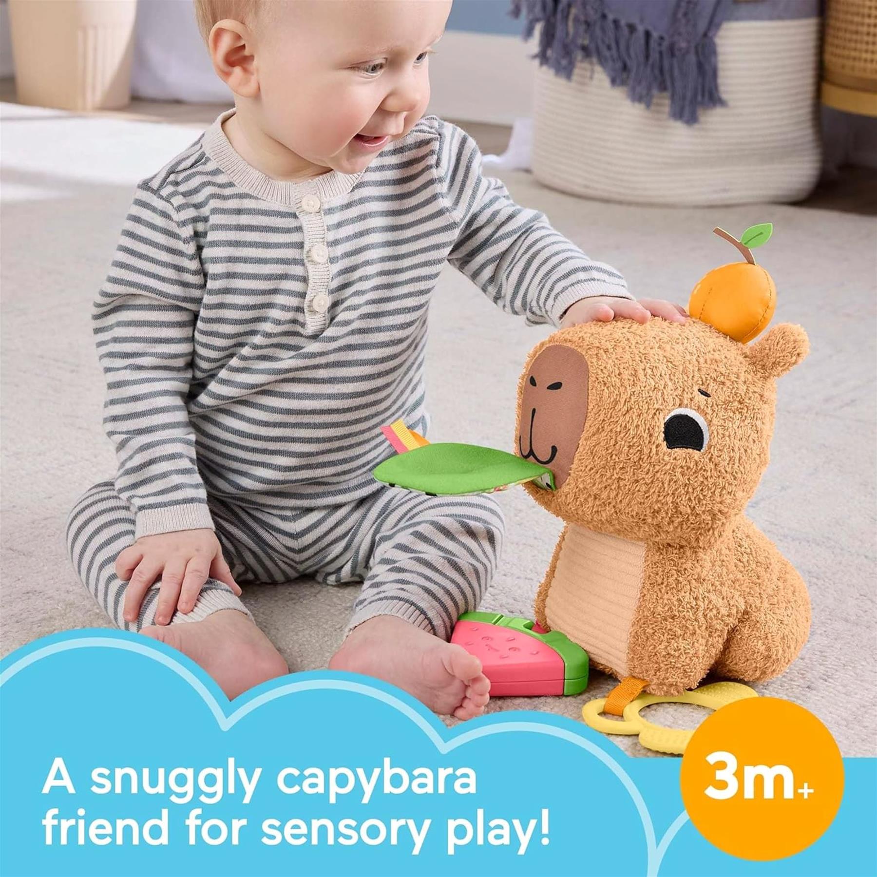A baby sits next to a plush capybara toy with attached sensory snacks and play rings.