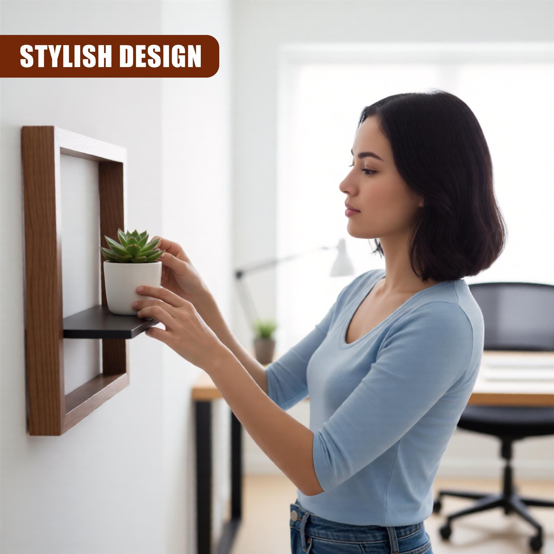 Two images side by side of a woman interacting with a wall-mounted shelf:
1. Left - Woman holding a plant, examining the shelf and its design;
2. Right - Woman placing a small plant into the shelf; - The Magic Toy Shop
