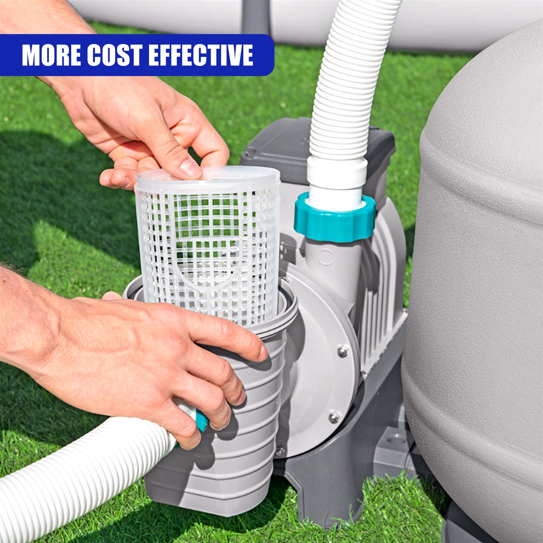Hands assemble a mesh filter onto a large, gray water filtration component.