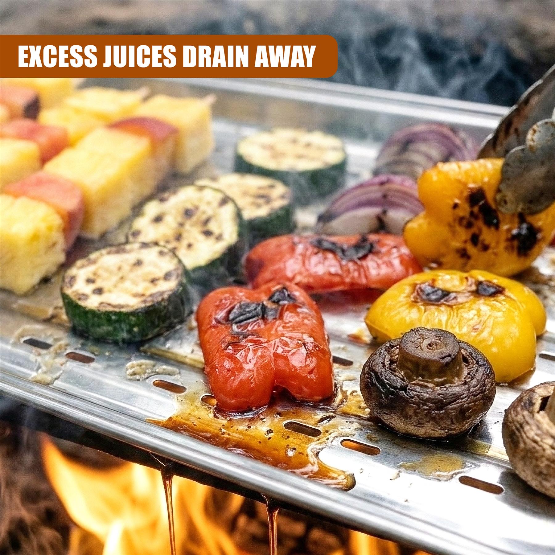 Grilled vegetables, including peppers, zucchini, and mushrooms, rest on a metal tray.