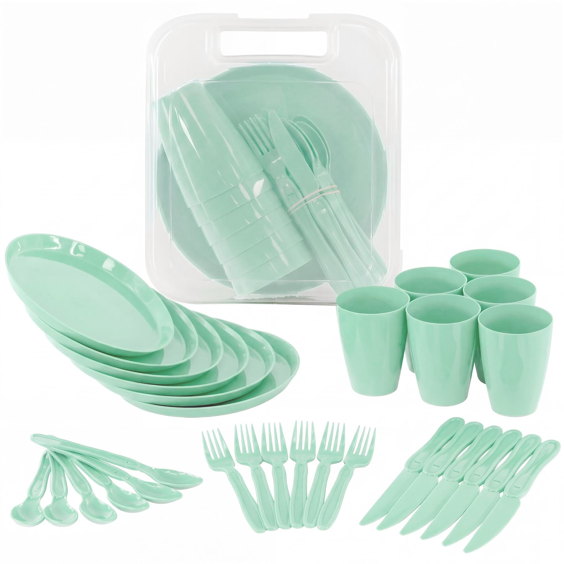 Assortment of matching green tableware: plates, cups, forks, knives, and small spoons.