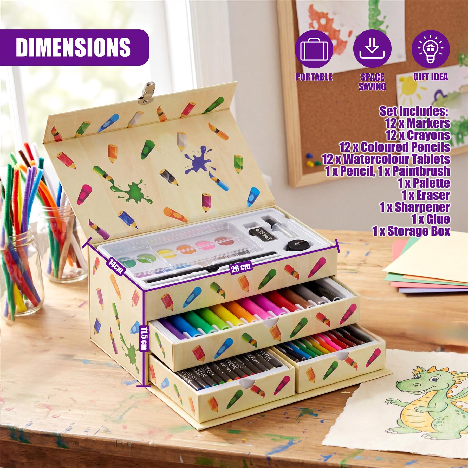Multi-compartment art set containing pencils, crayons, markers, and paints arranged on a wooden surface.
