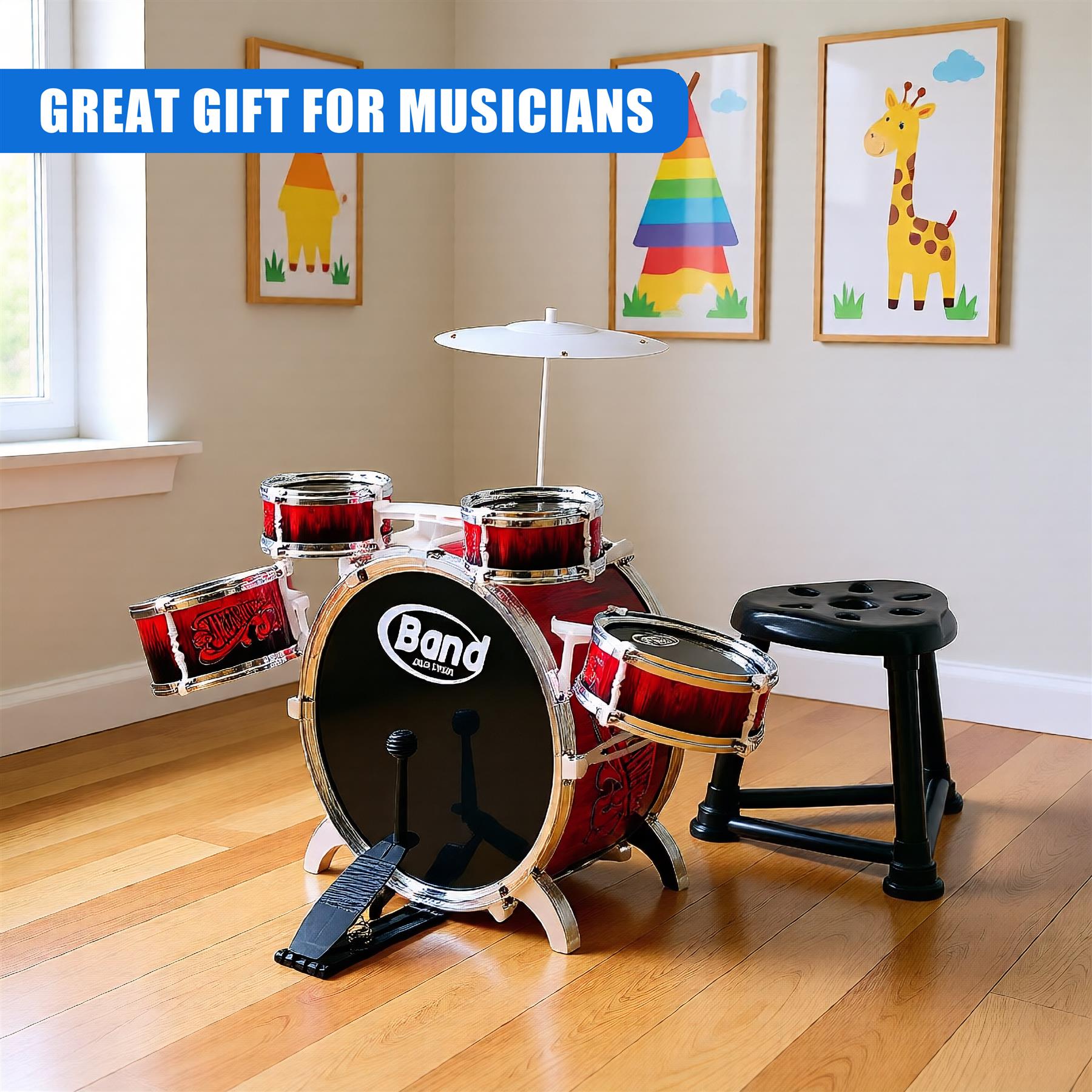 A red and black drum set with a black stool, set against a wall with two framed pictures of a giraffe and a tree, and a window to the left. The drum set has a red drum with a black drumhead, a red snare drum, a red bass drum, and a red cymbal. The drum set is placed on a light-colored hardwood floor. The wall behind the drum set has two framed pictures: one of a giraffe and one of a tree. The window to the left of the drum set has a white frame and a white sill. The overall atmosphere … - The Magic Toy Shop