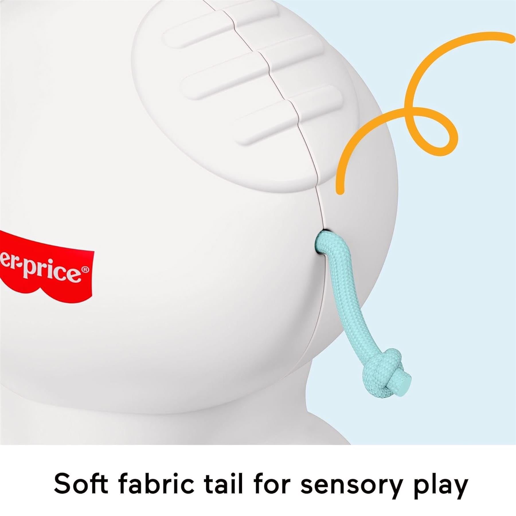 A soft blue fabric tail is attached to the side of the white toy bear body.