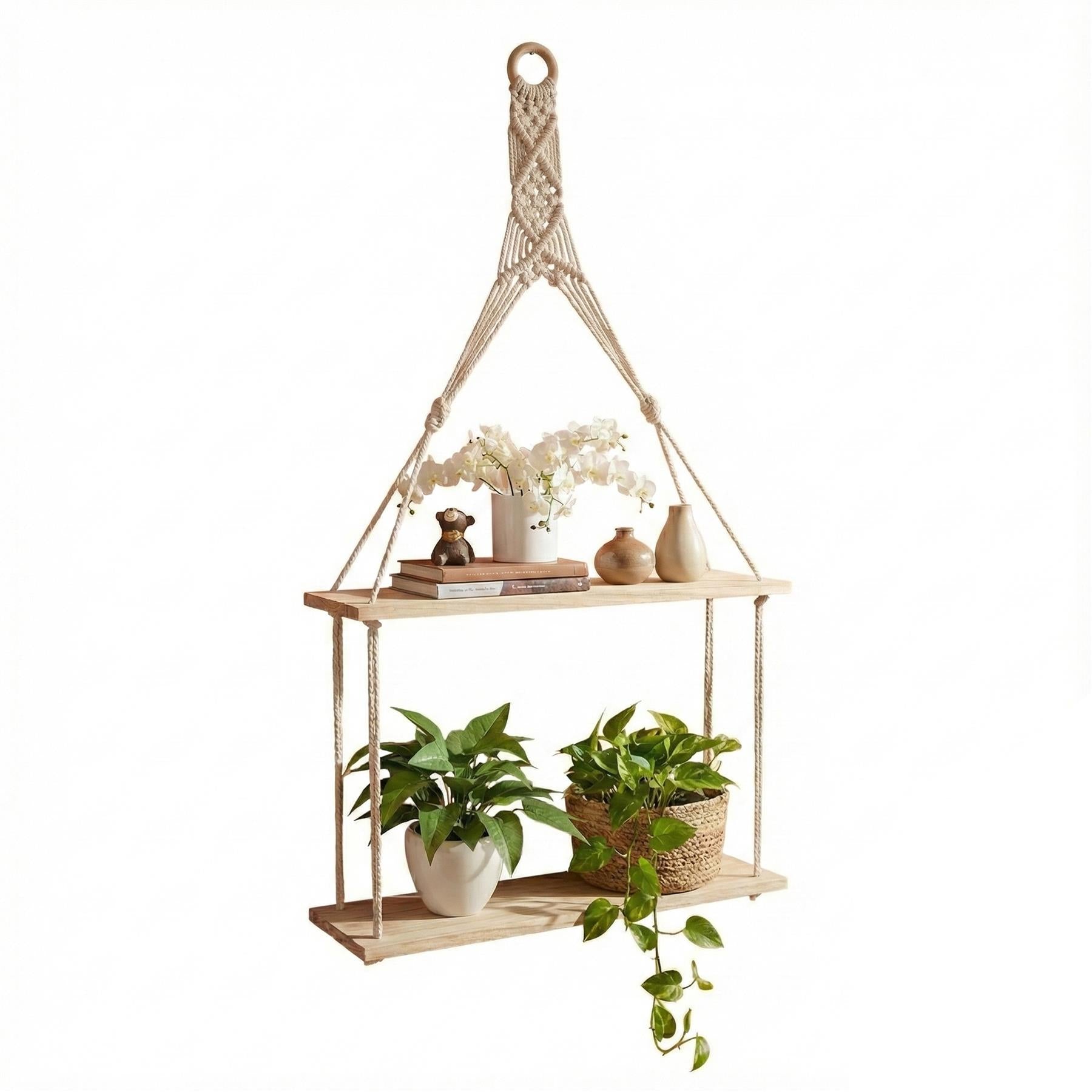 A wooden two-shelf hanging shelf with a macrame hanger, featuring a plant on the top shelf and a plant in a wicker basket on the bottom shelf. - The Magic Toy Shop