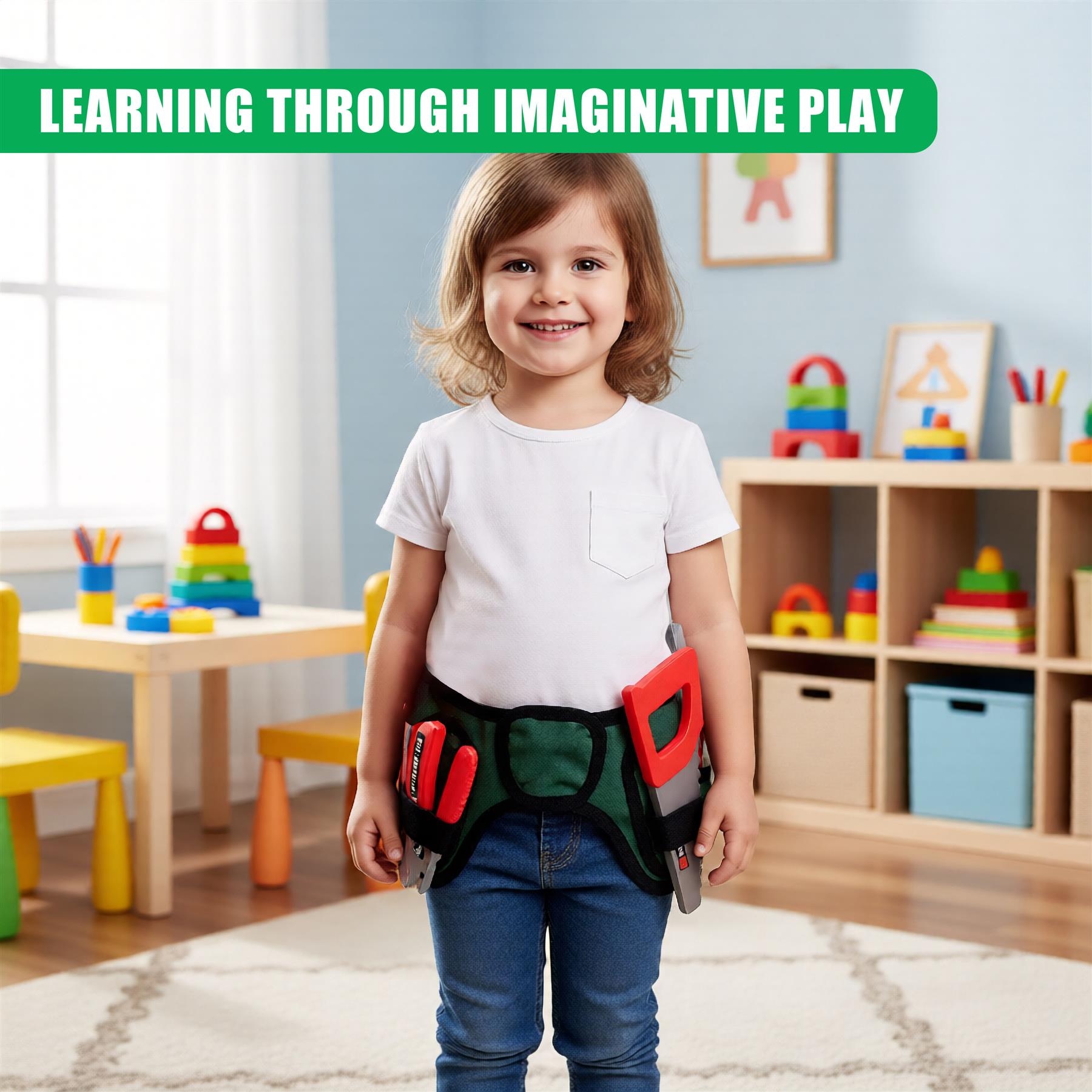 A child's playful and imaginative tool belt set with tools, work belt, and safety goggles. Includes wooden blocks. Perfect for kids to engage in role-playing and learning about construction and maintenance. - The Magic Toy Shop