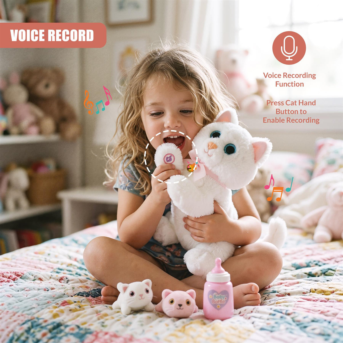 Interactive Plush Cat with 2 Kittens and Sounds