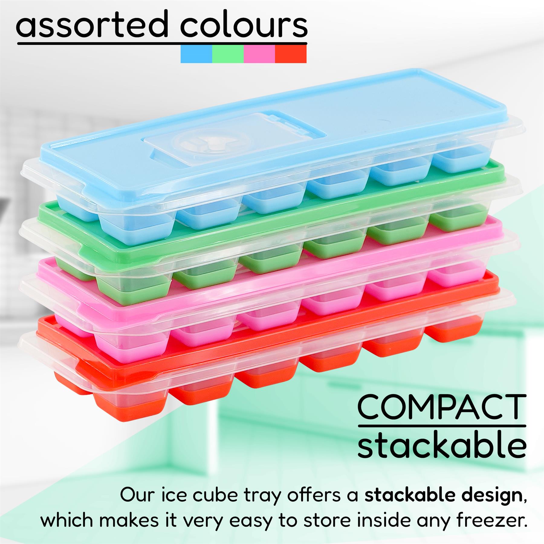 Stack of three compartment ice cube trays in various colors.