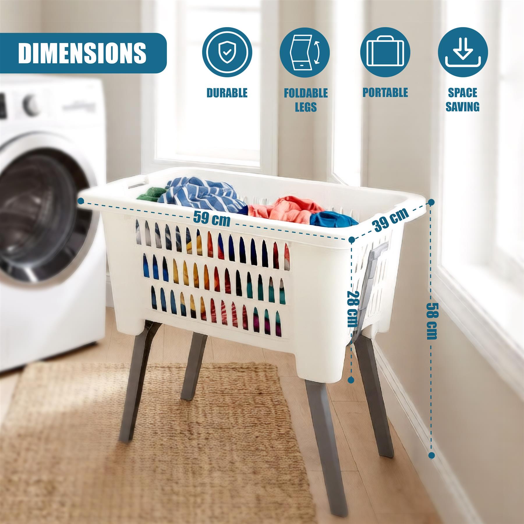 White slatted laundry basket with metal legs, shown with key dimensions next to a washing machine.