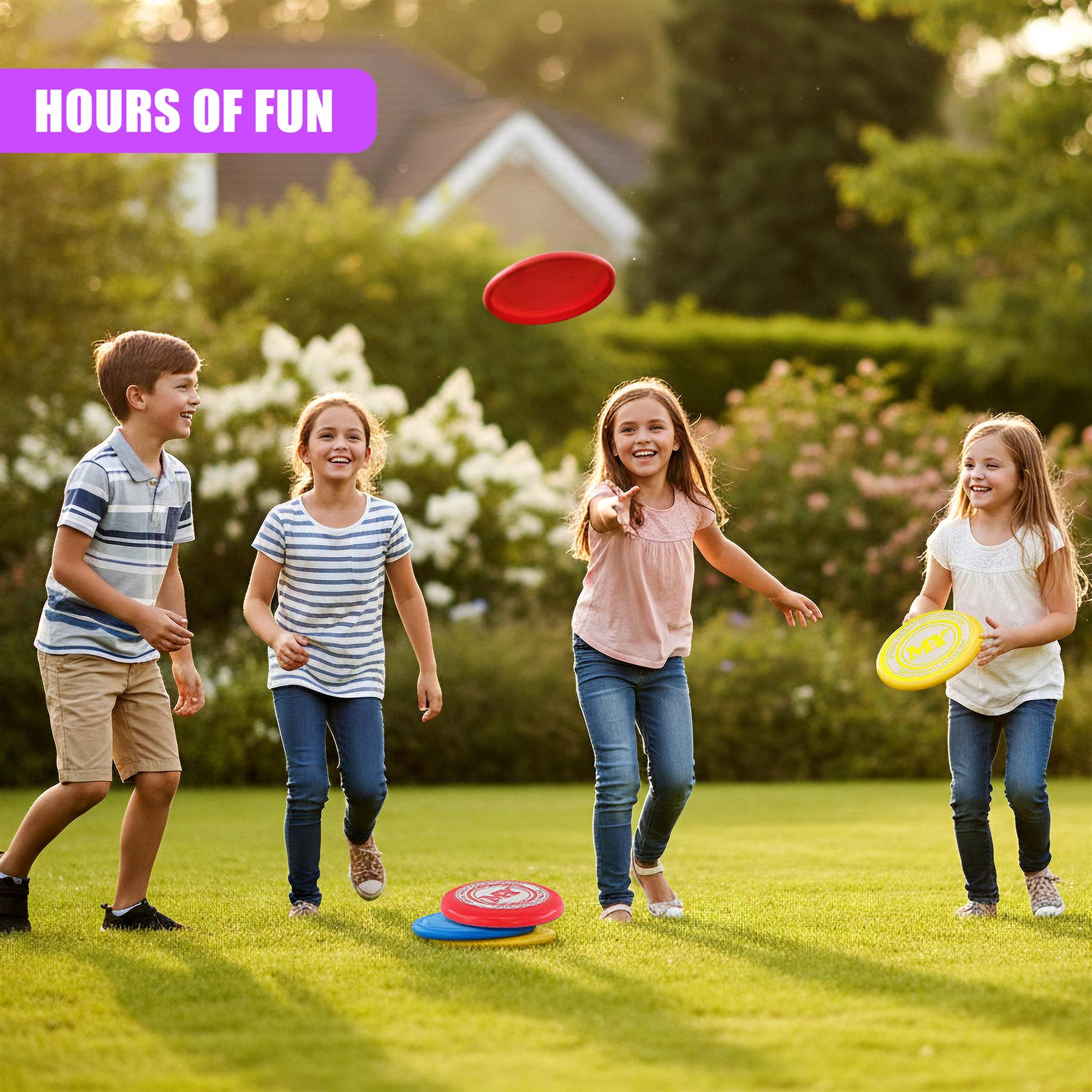 Four children play with red and yellow plastic Frisbees in a grassy outdoor yard.