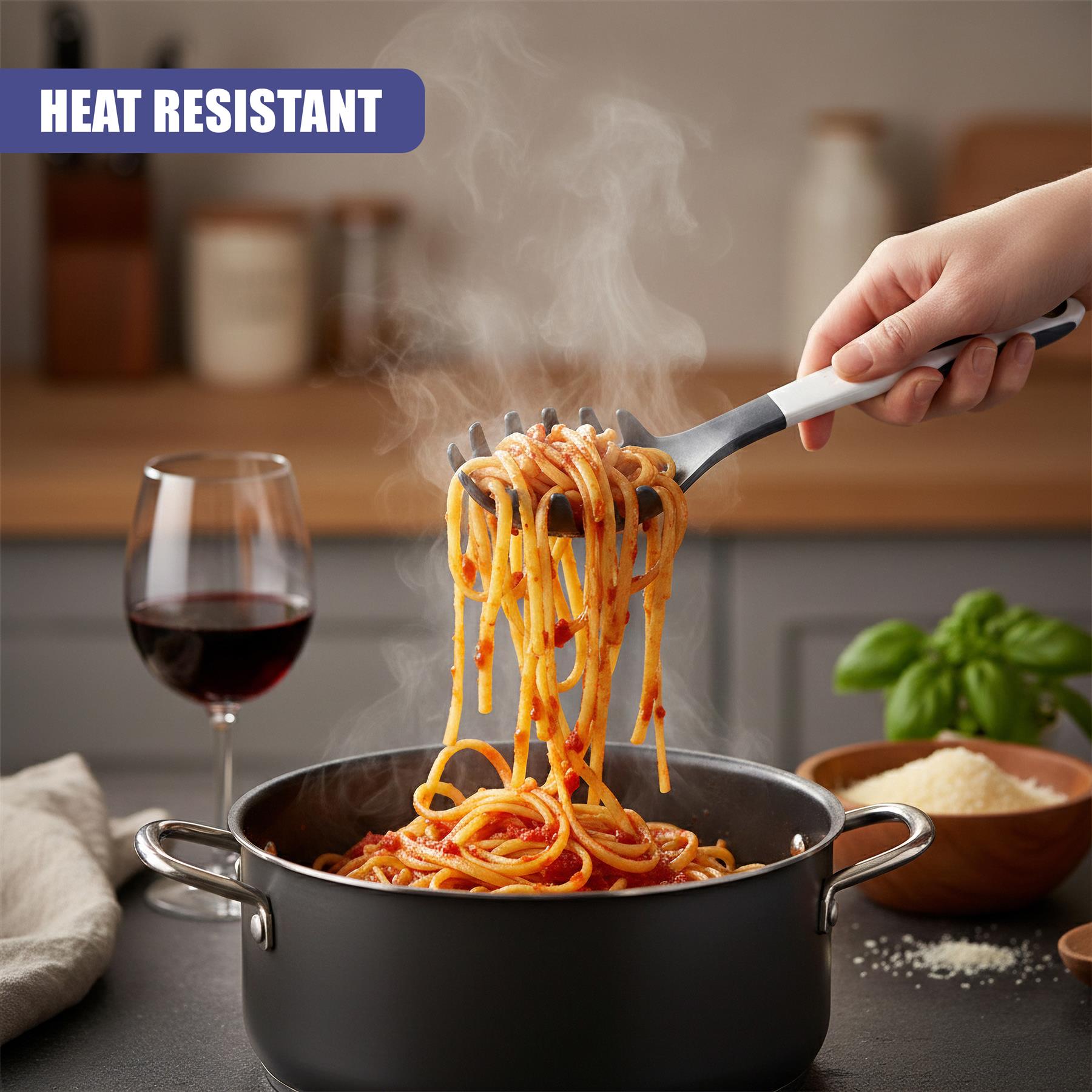 Utensil lifts sauced pasta from a cooking pot; steam rises above the prepared meal.