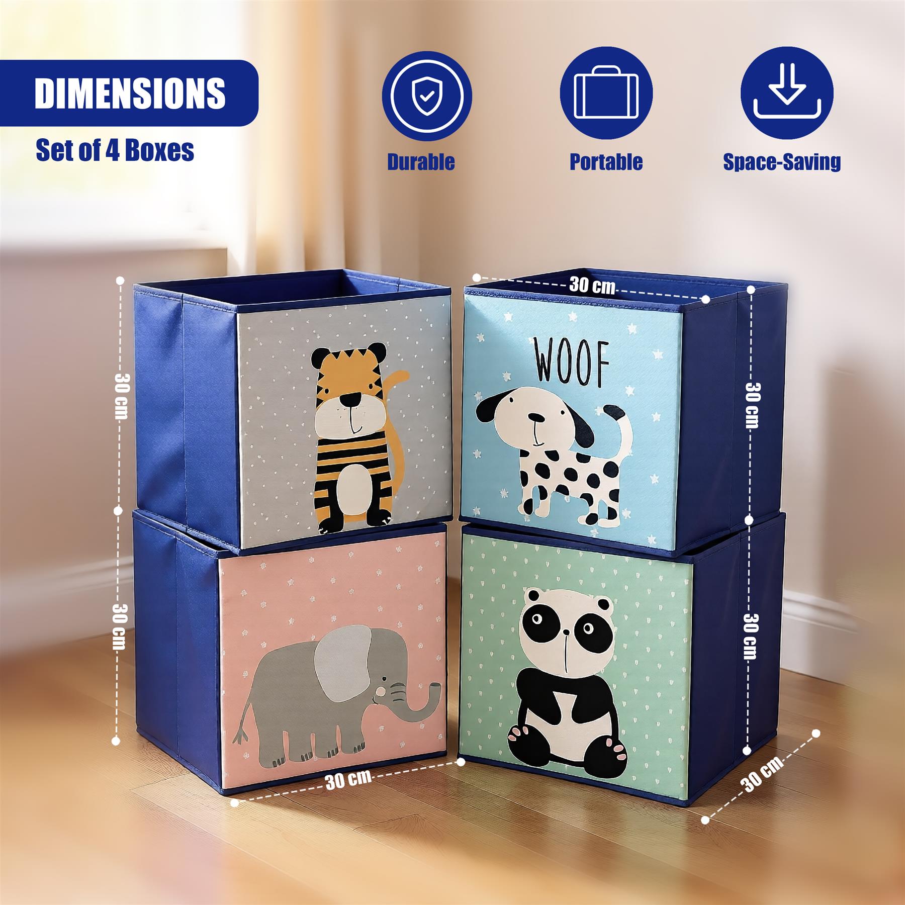 Four blue storage boxes with animal designs and labels, each featuring a different type of animal on a solid background. Sizes labeled: "60cm x 45cm", "80cm x 35cm", "90cm x 20cm", "100cm x 50cm". The boxes are neatly arranged in two rows with two boxes in each row, one on top of the other. There is a scale next to them indicating the height of one box as 45cm. - The Magic Toy Shop