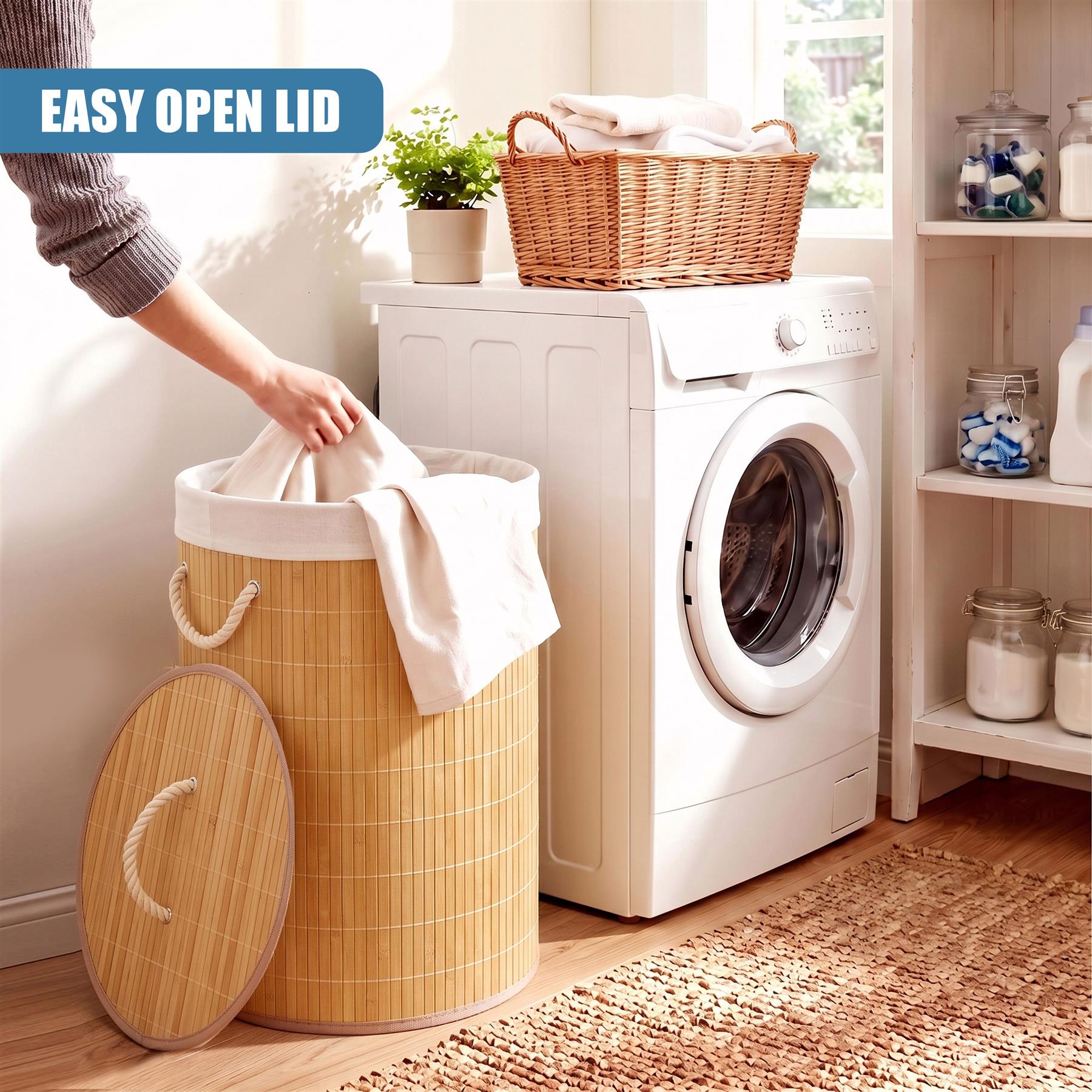 Round Bamboo Laundry Hamper 48L