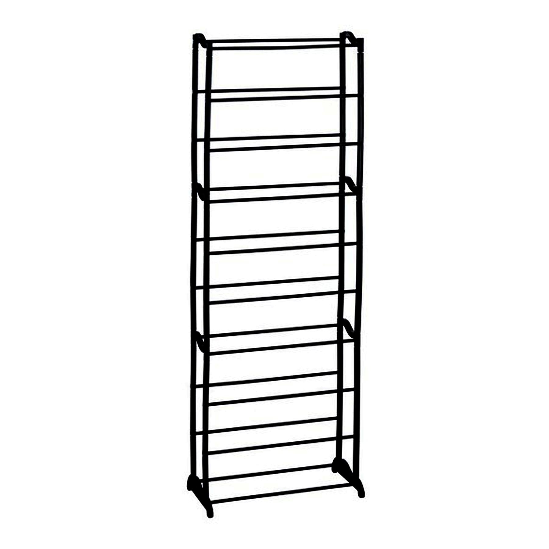 Black metal tiered shoe rack with ten shelves.