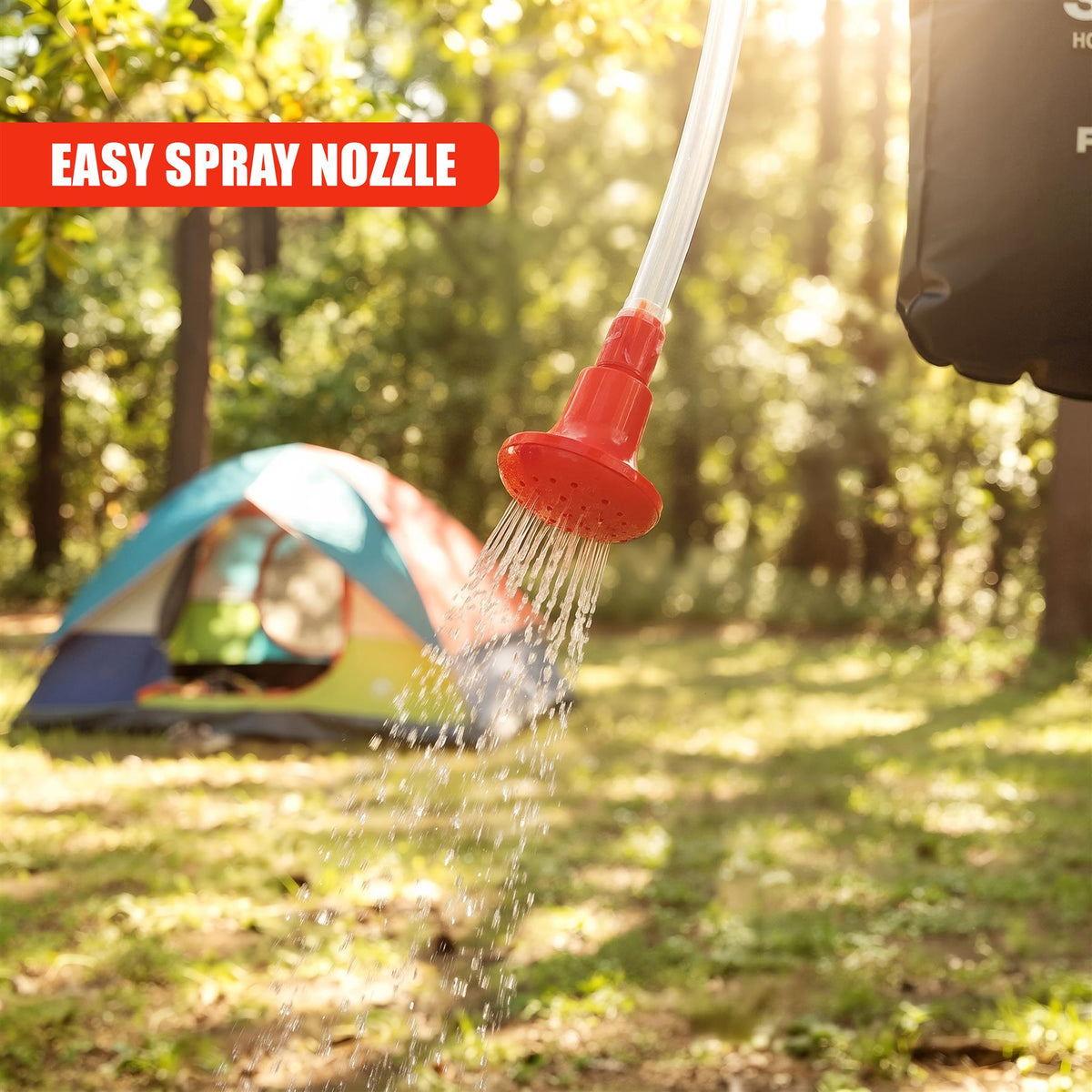 GEEZY Solar Shower Bag with spray nozzle shown in a woodland camping setting