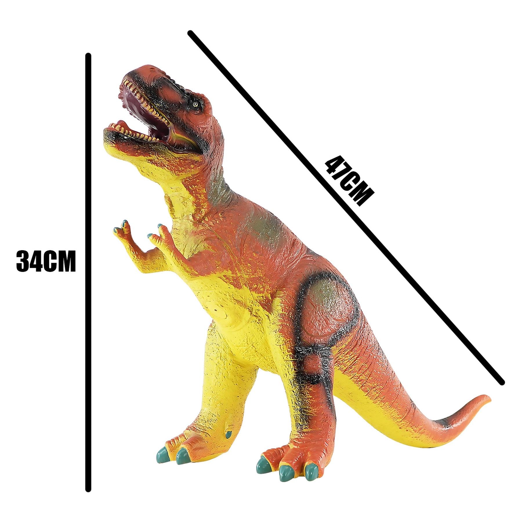 Soft foam T-Rex toy, colored yellow and orange, displays measured dimensions of 34 cm and 47 cm.