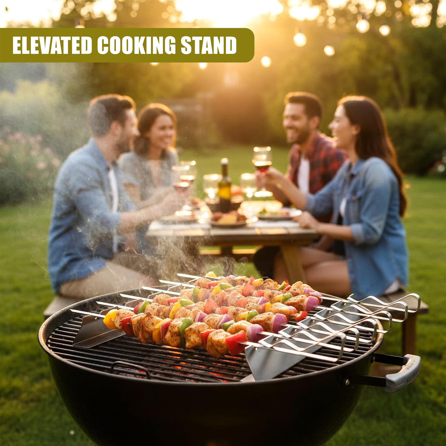 A black barbecue grill rack holds multiple skewers loaded with colorful vegetables and meat.