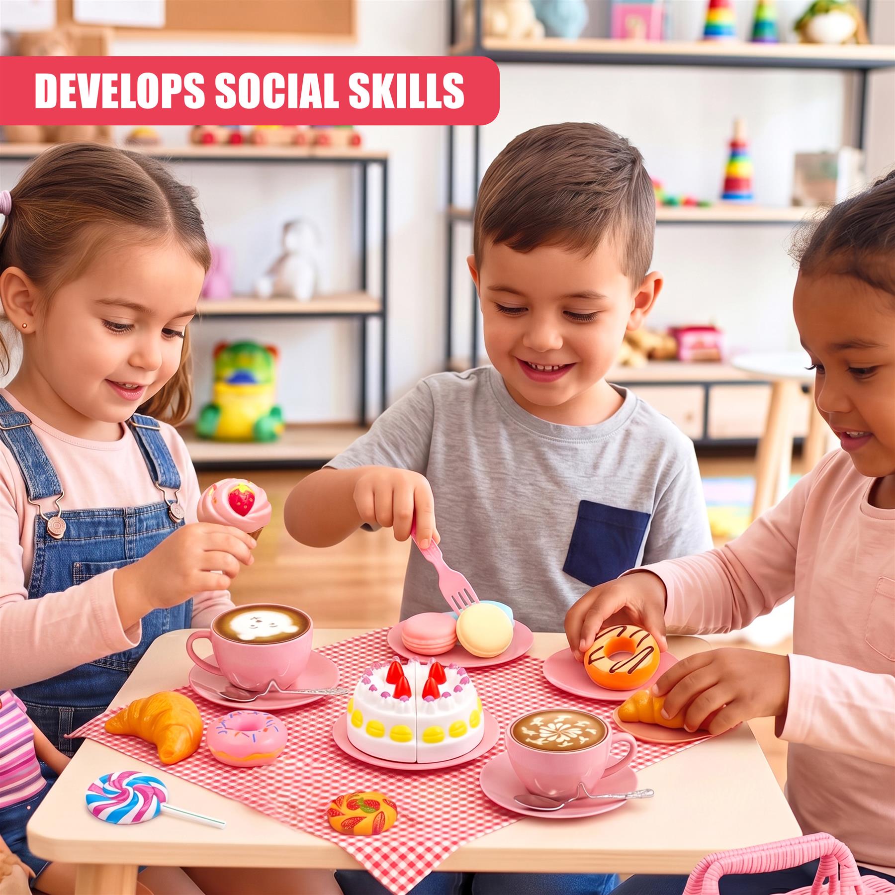 Three children play with a miniature tea party set, including teacups, plates, and pretend snacks.
