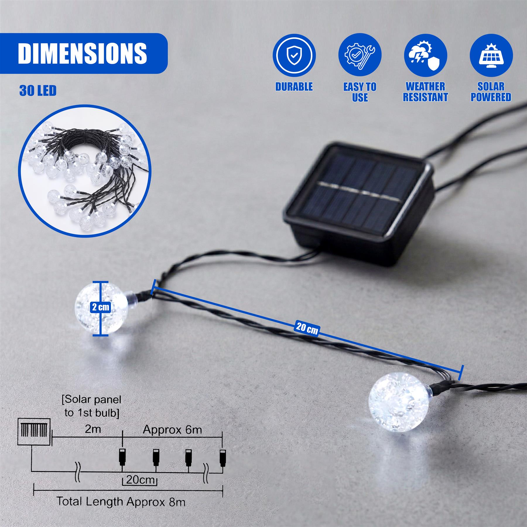 Solar panel connected by wire to string of glowing crystal ball decorative bulbs.