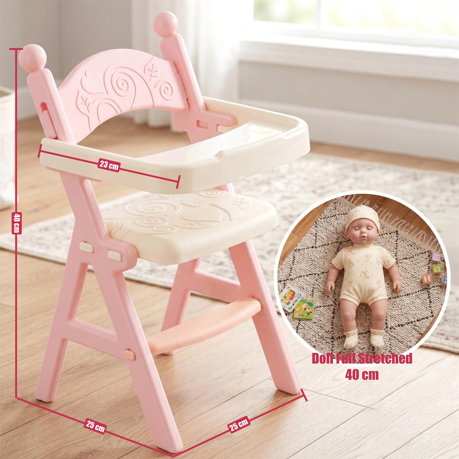 Pink and white doll high chair displayed with a baby doll figure and accessories for play.