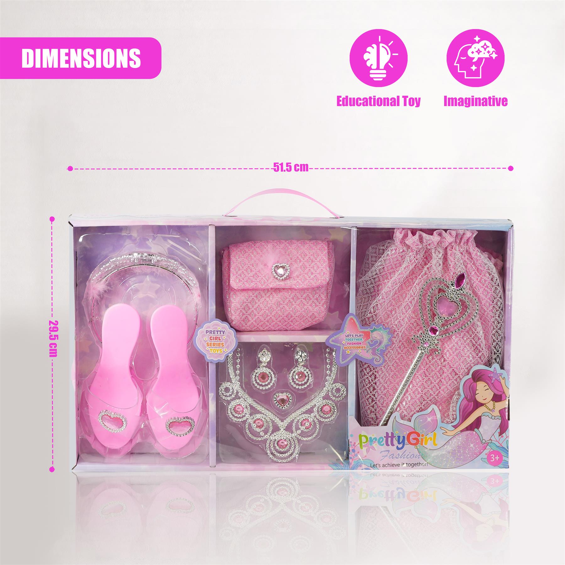 A toy set for children, consisting of a pink princess-style crown, a tiara, a necklace, a pair of pink shoes, a pink purse, a wand, and a pink dress. The set is packaged in a clear plastic box with a pink handle and is designed to encourage imaginative play and creativity. - The Magic Toy Shop