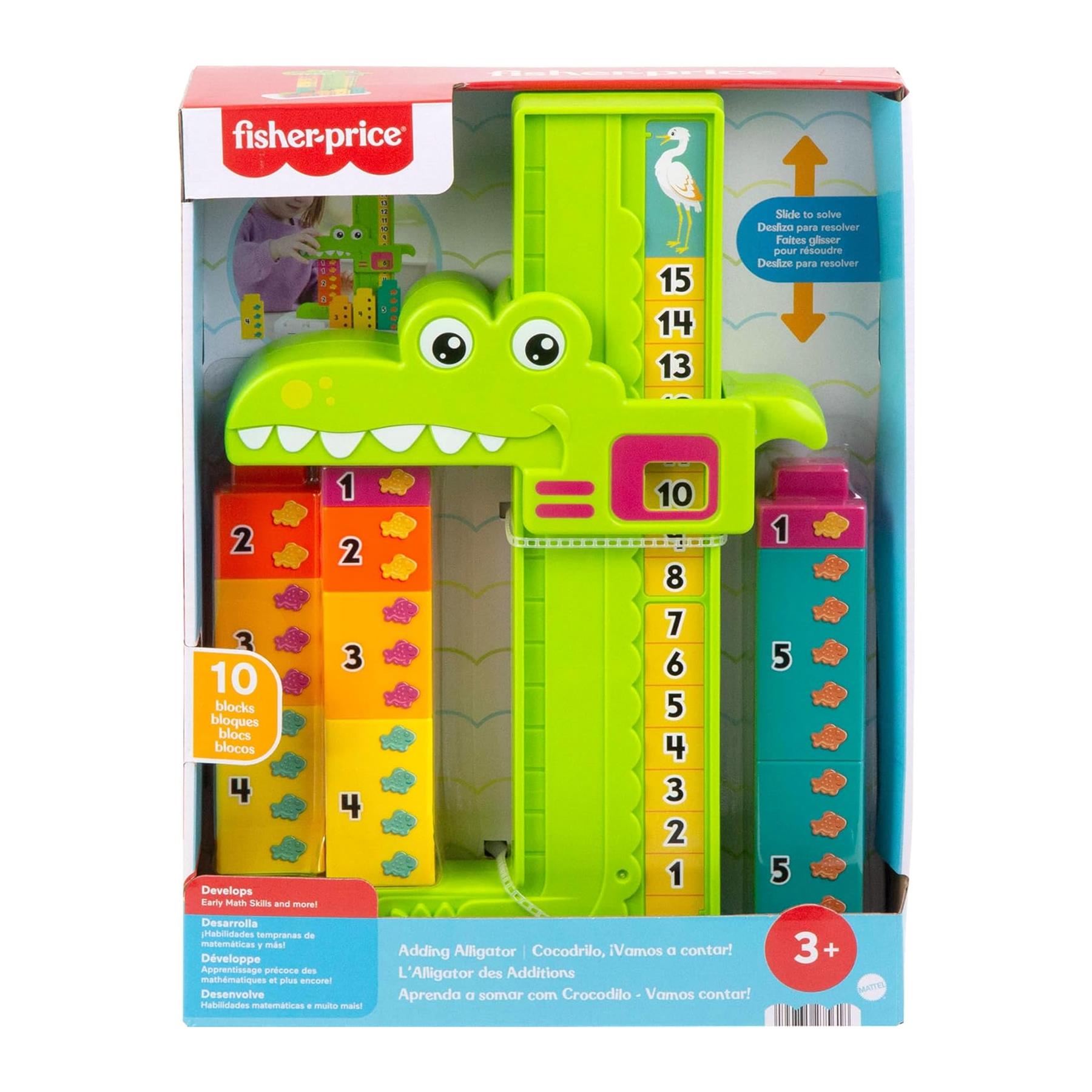 Toy set with a green alligator, vertical number tiles, and counting mechanisms for early education play.